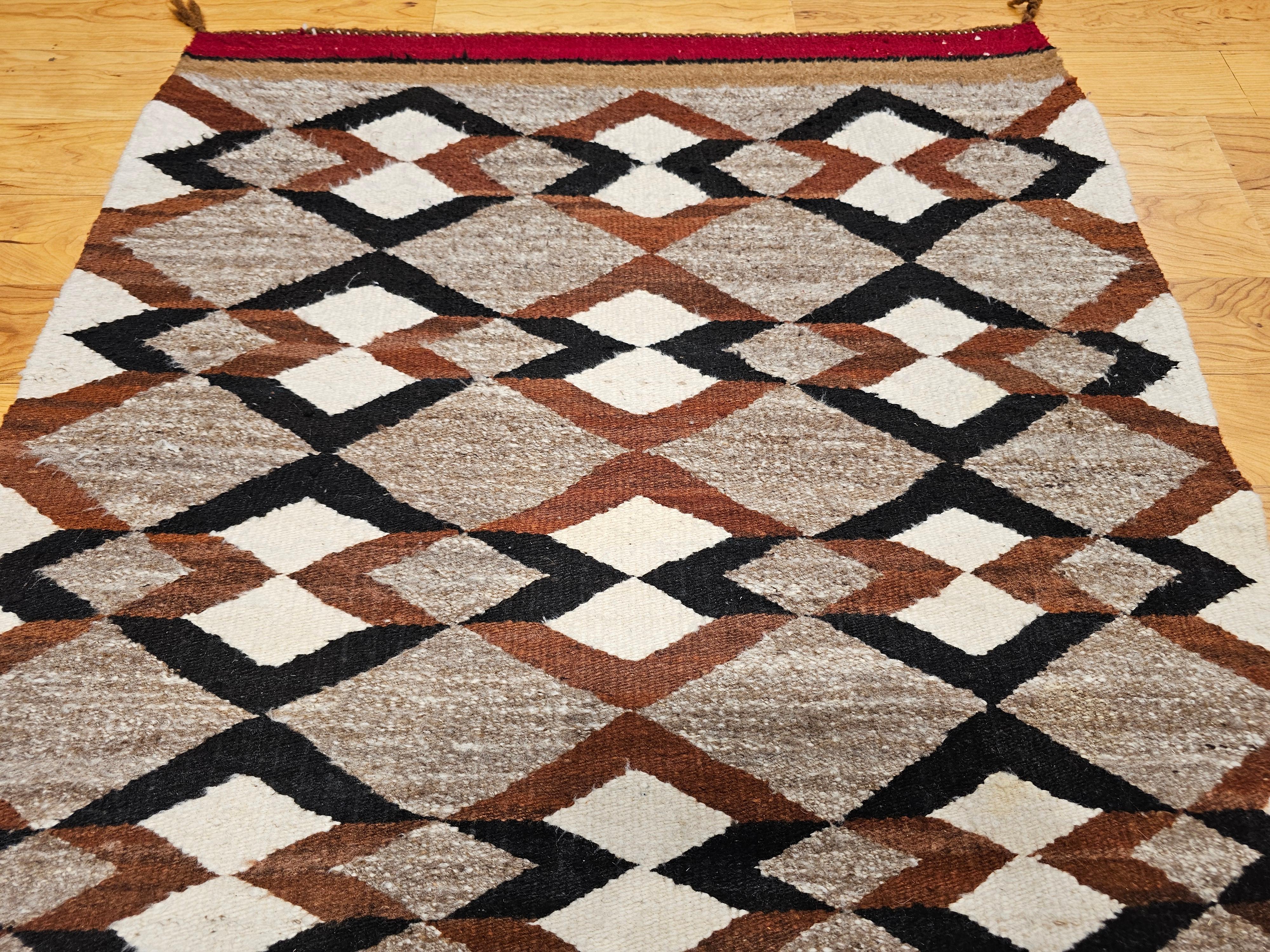 American Vintage Native Navajo Area Rug in Diamond Pattern in Gray, Ivory, Black, Brown For Sale