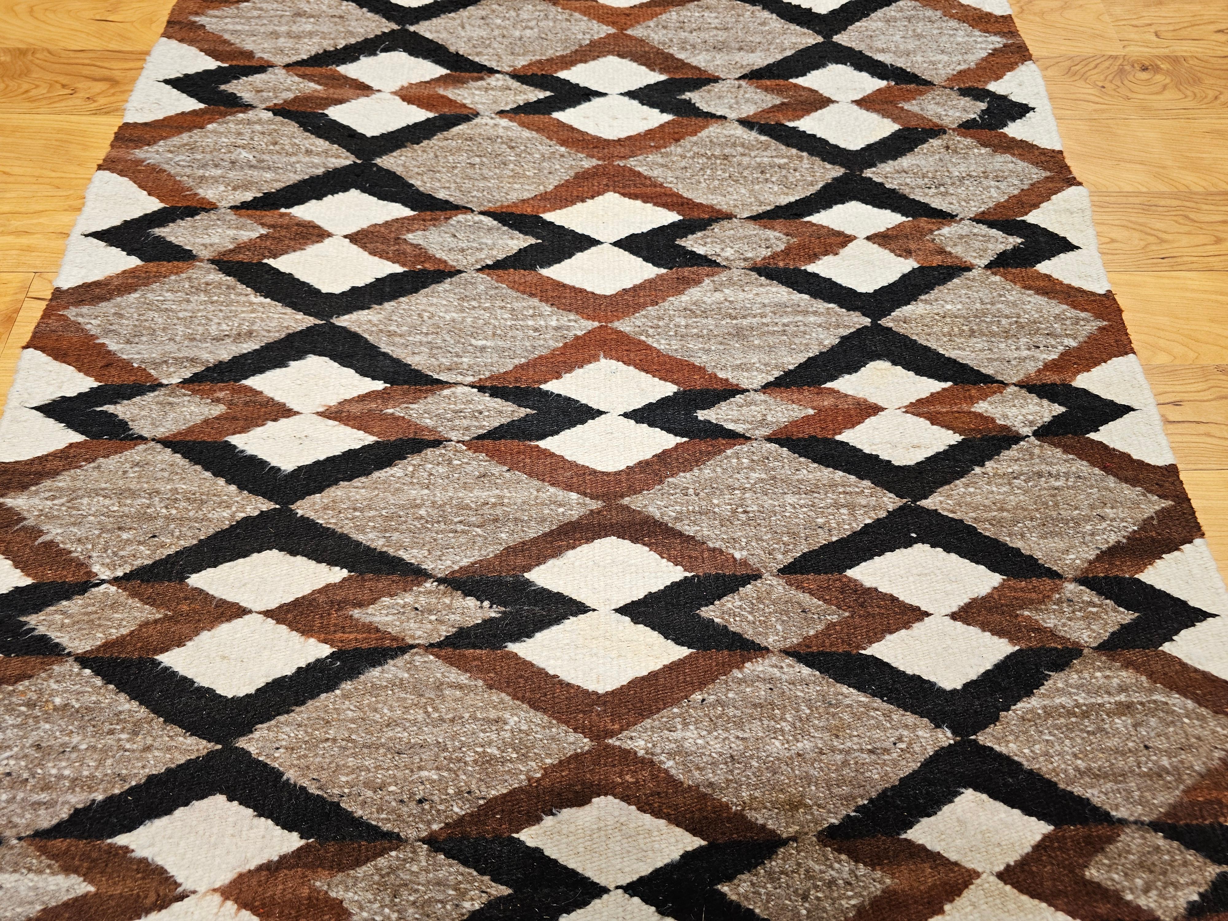 Hand-Woven Vintage Native Navajo Area Rug in Diamond Pattern in Gray, Ivory, Black, Brown For Sale