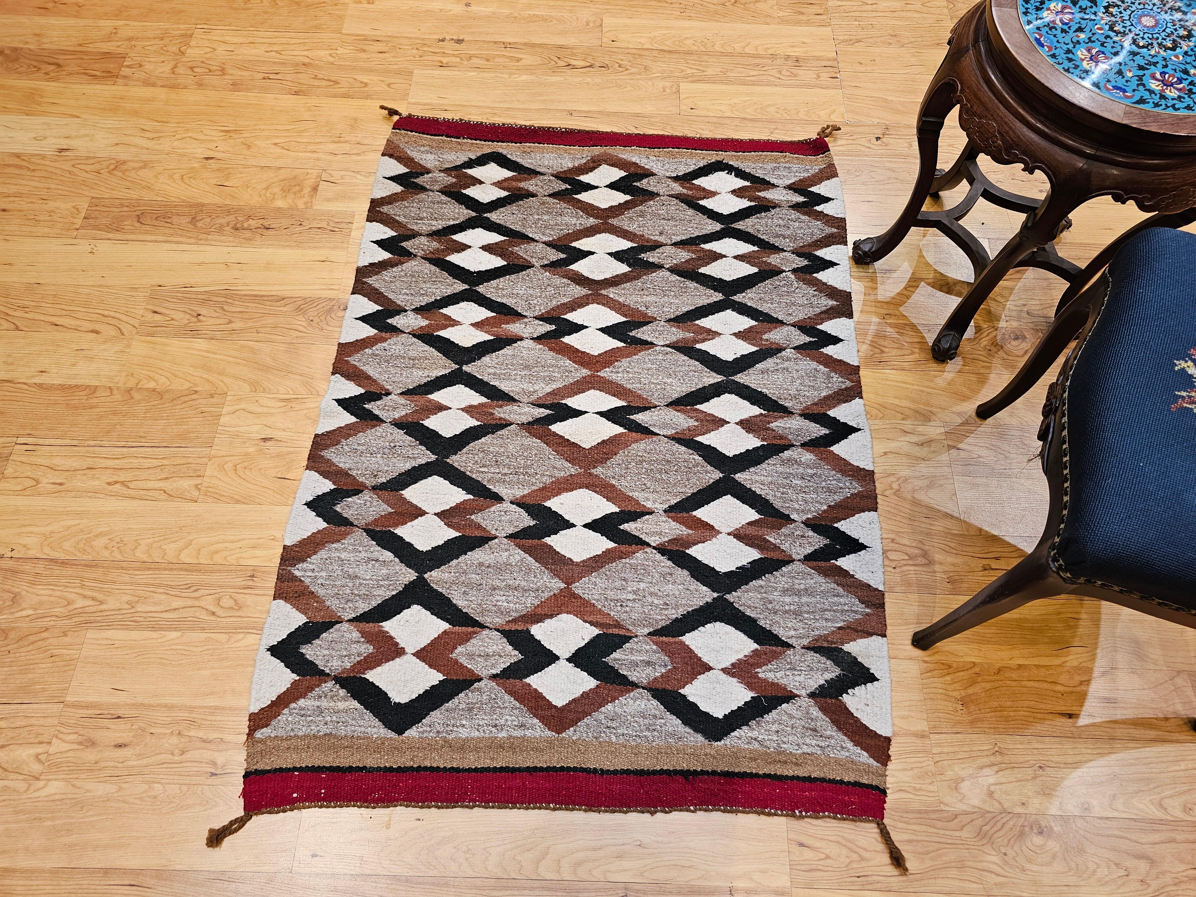 Vintage Native Navajo Area Rug in Diamond Pattern in Gray, Ivory, Black, Brown For Sale 3