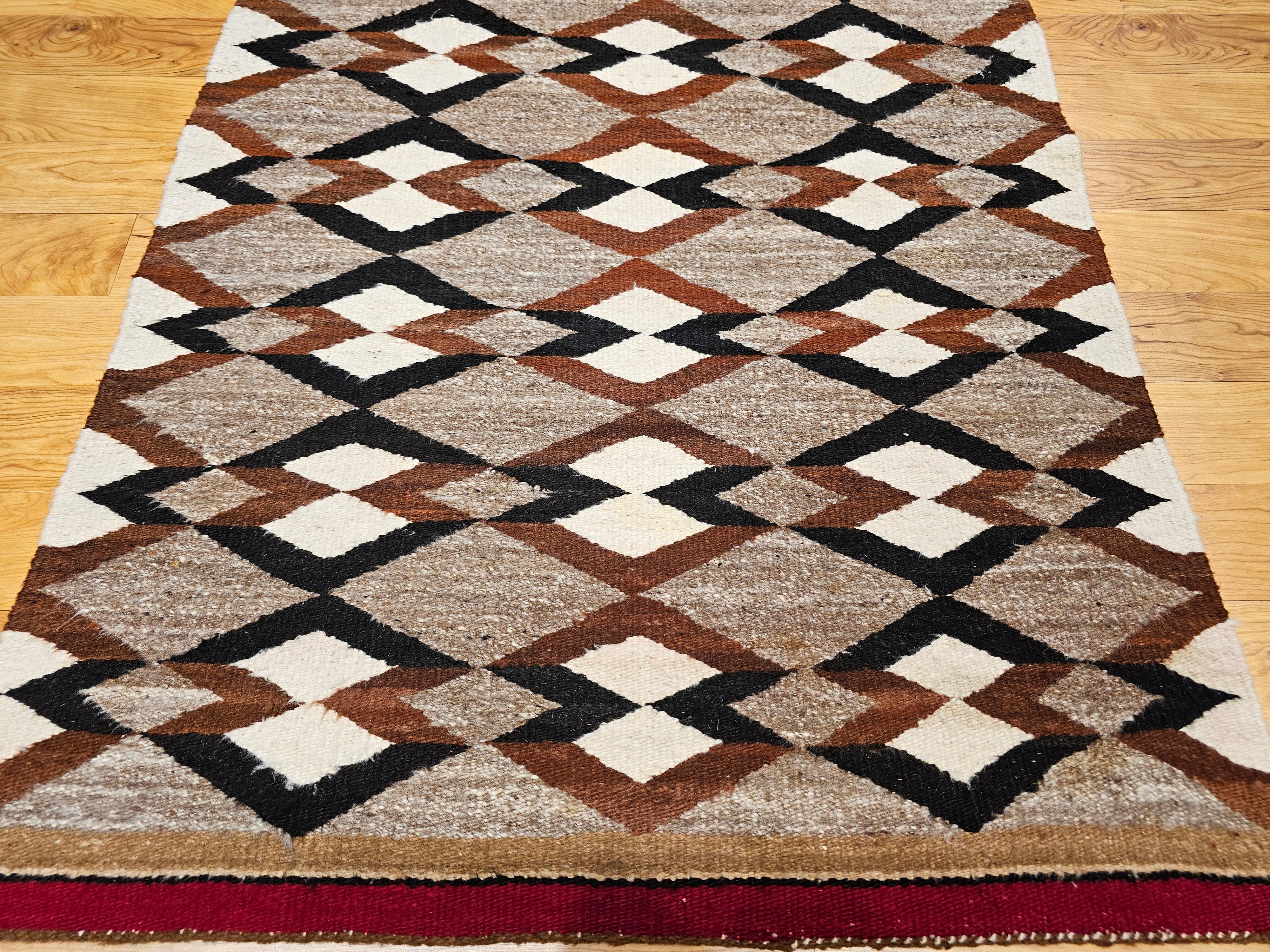 Vintage Native Navajo Area Rug in Diamond Pattern in Gray, Ivory, Black, Brown In Good Condition For Sale In Barrington, IL