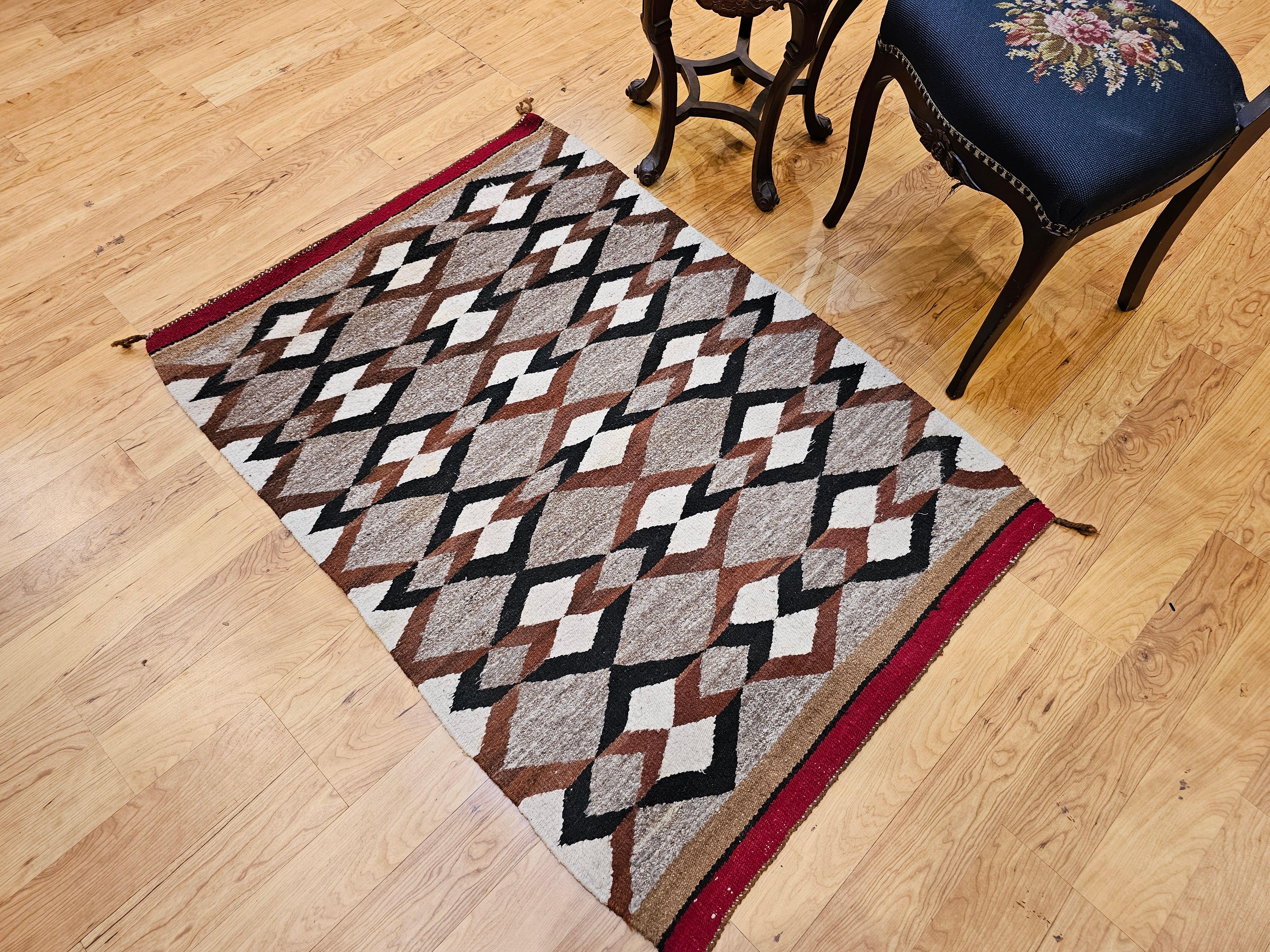 Vintage Native Navajo Area Rug in Diamond Pattern in Gray, Ivory, Black, Brown For Sale 4