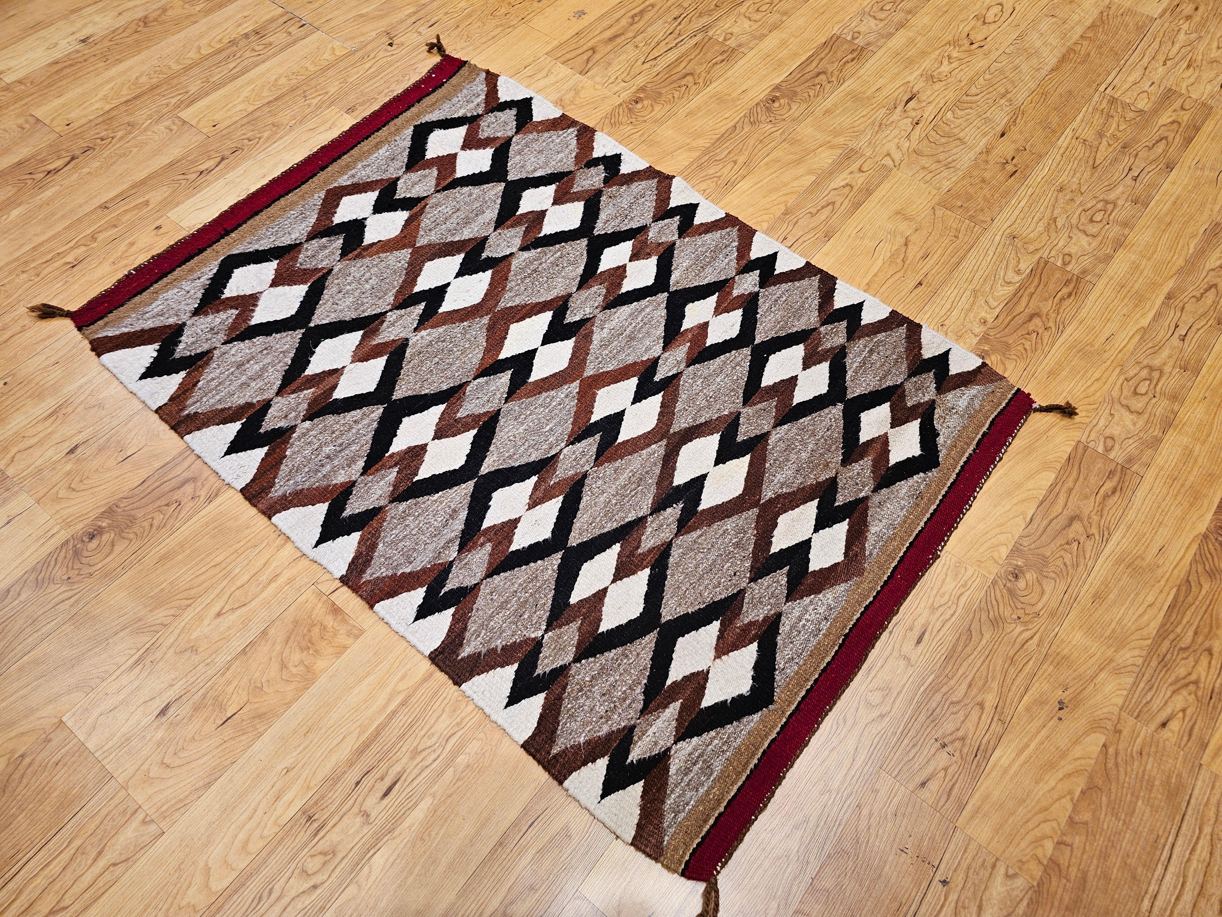 20th Century Vintage Native Navajo Area Rug in Diamond Pattern in Gray, Ivory, Black, Brown For Sale