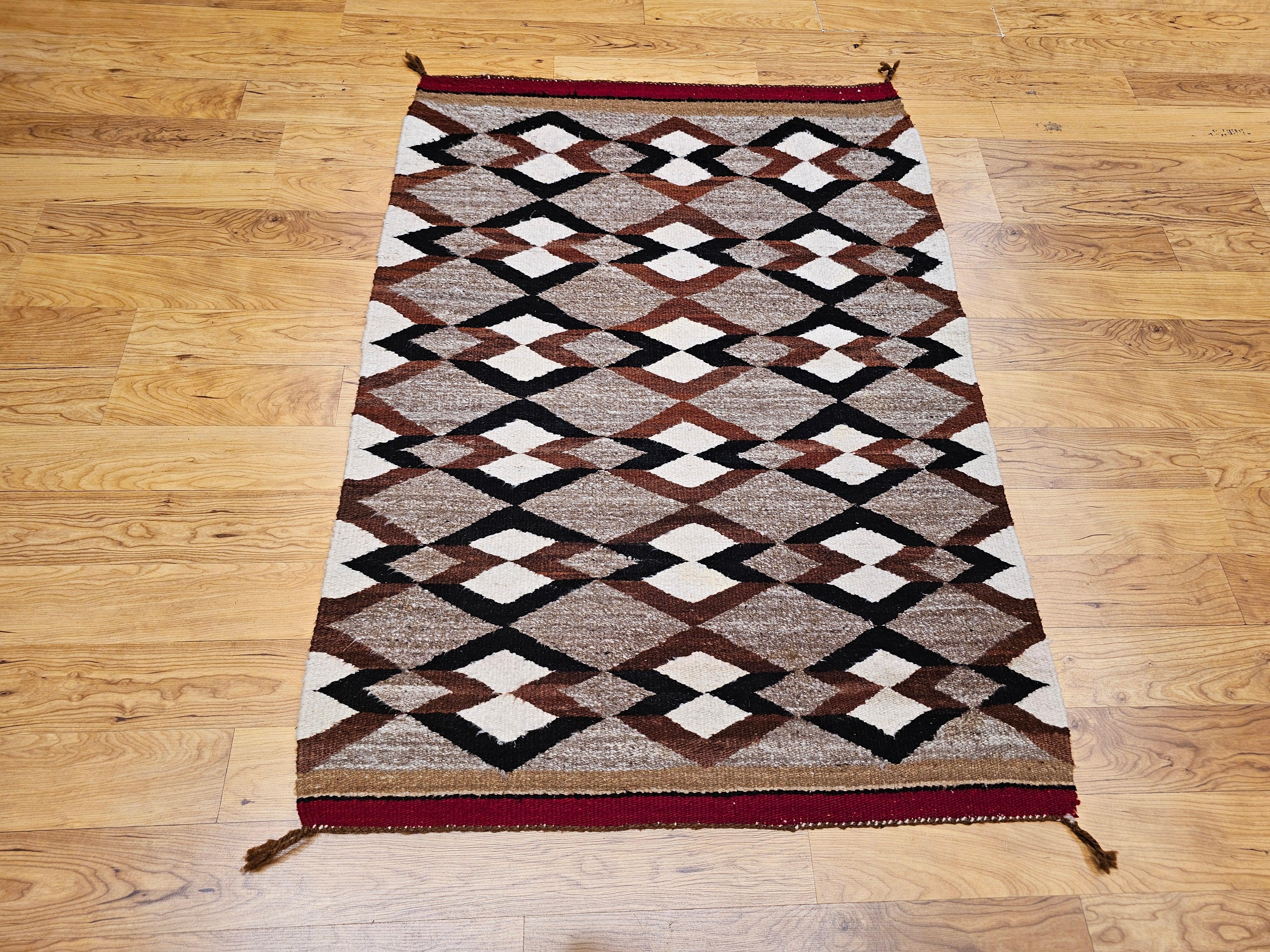 Wool Vintage Native Navajo Area Rug in Diamond Pattern in Gray, Ivory, Black, Brown For Sale