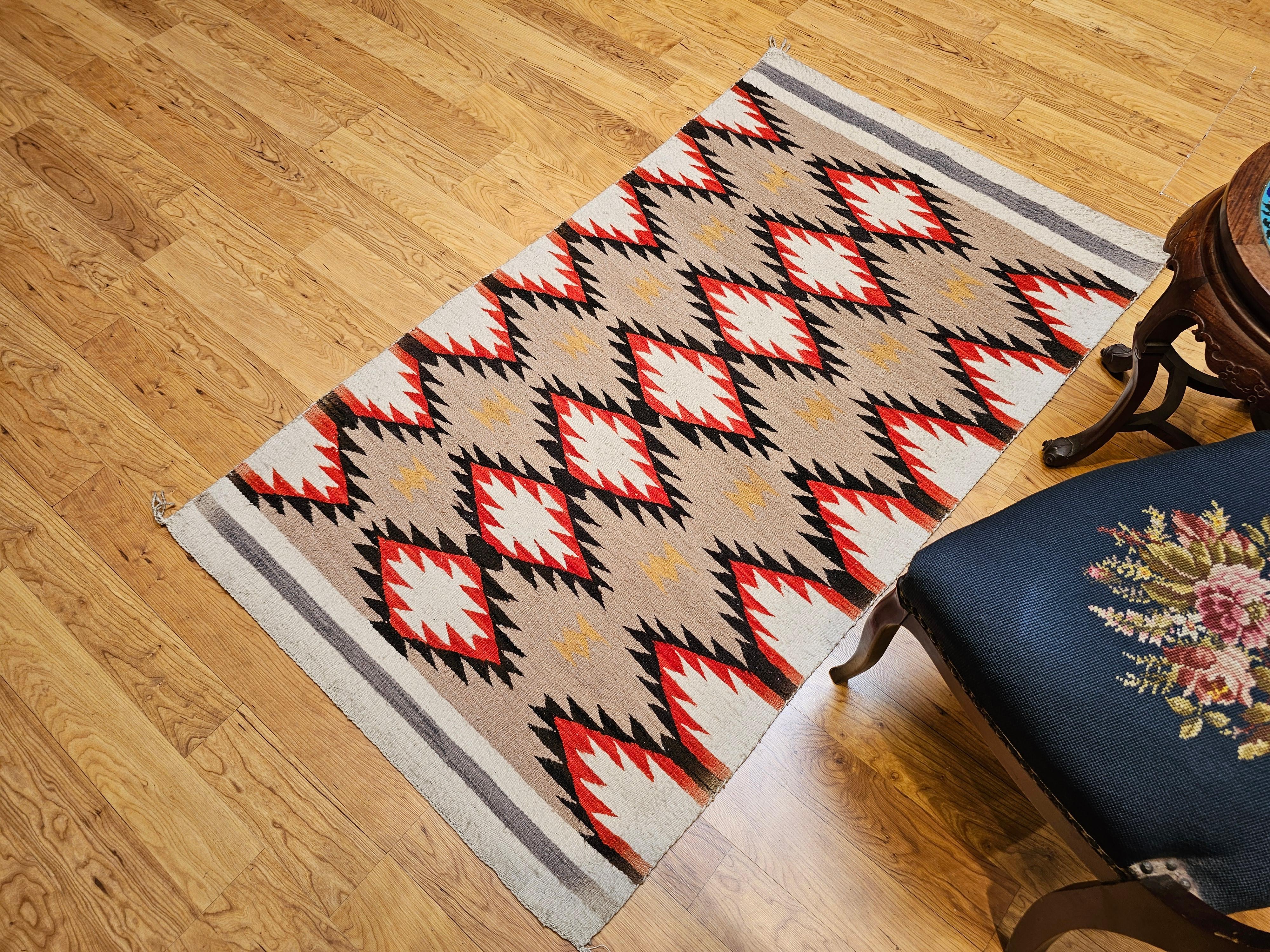 Vintage Native Navajo Rug in Diamond Pattern in Ivory, Black, Red, Tan, Gray For Sale 3