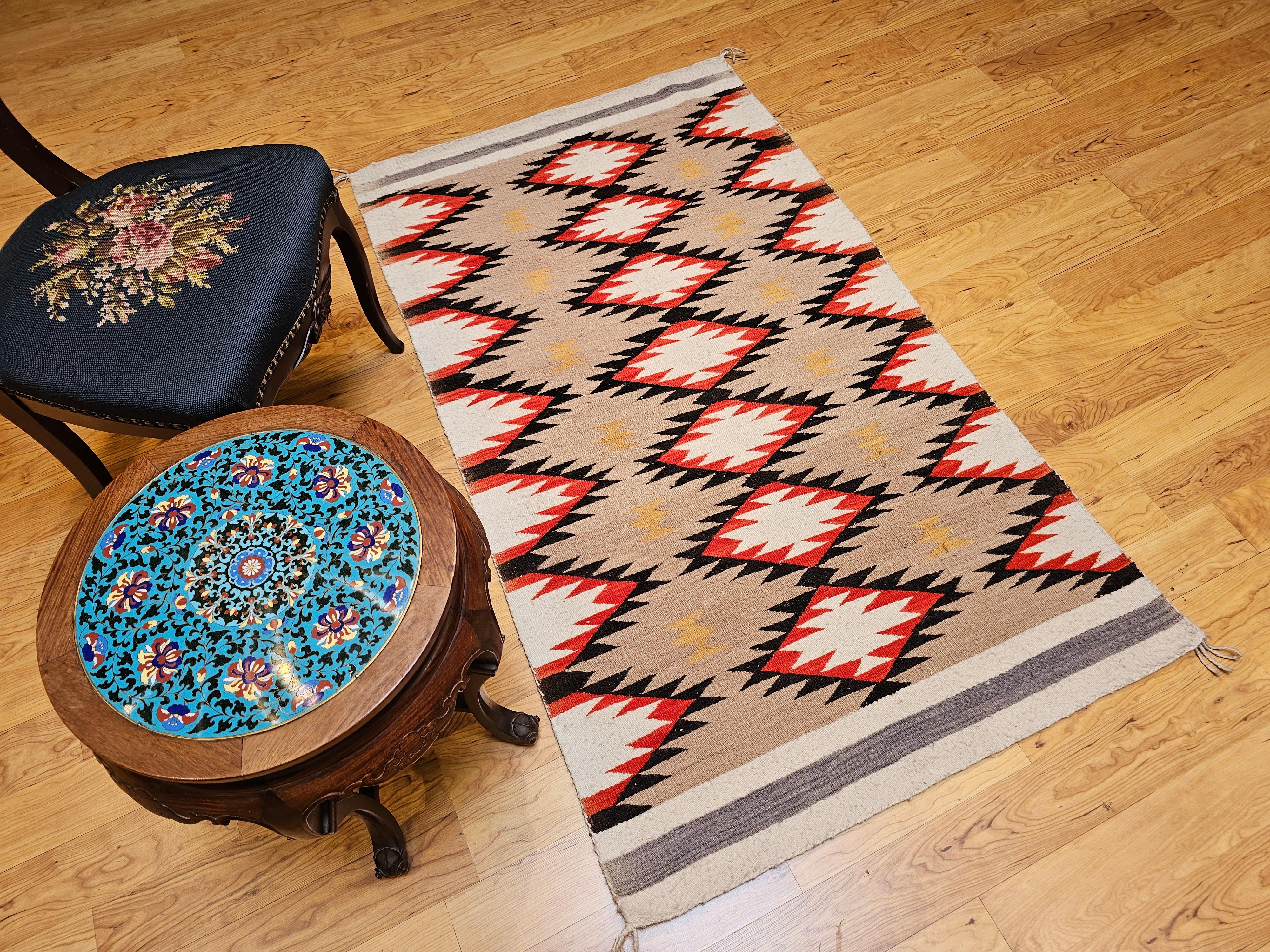 Vintage Native Navajo Rug in Diamond Pattern in Ivory, Black, Red, Tan, Gray For Sale 4