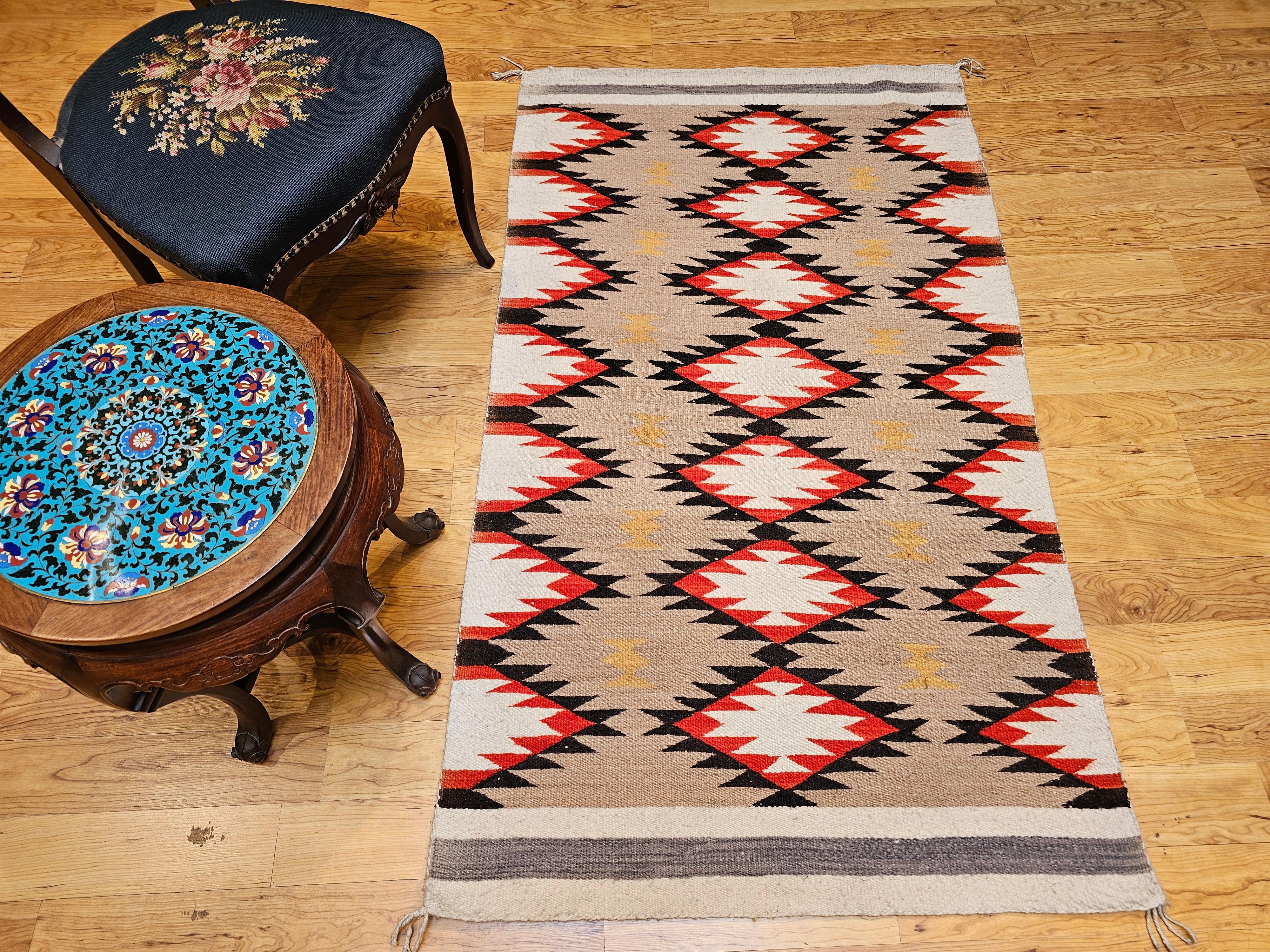 Vintage Native Navajo Rug in Diamond Pattern in Ivory, Black, Red, Tan, Gray For Sale 5