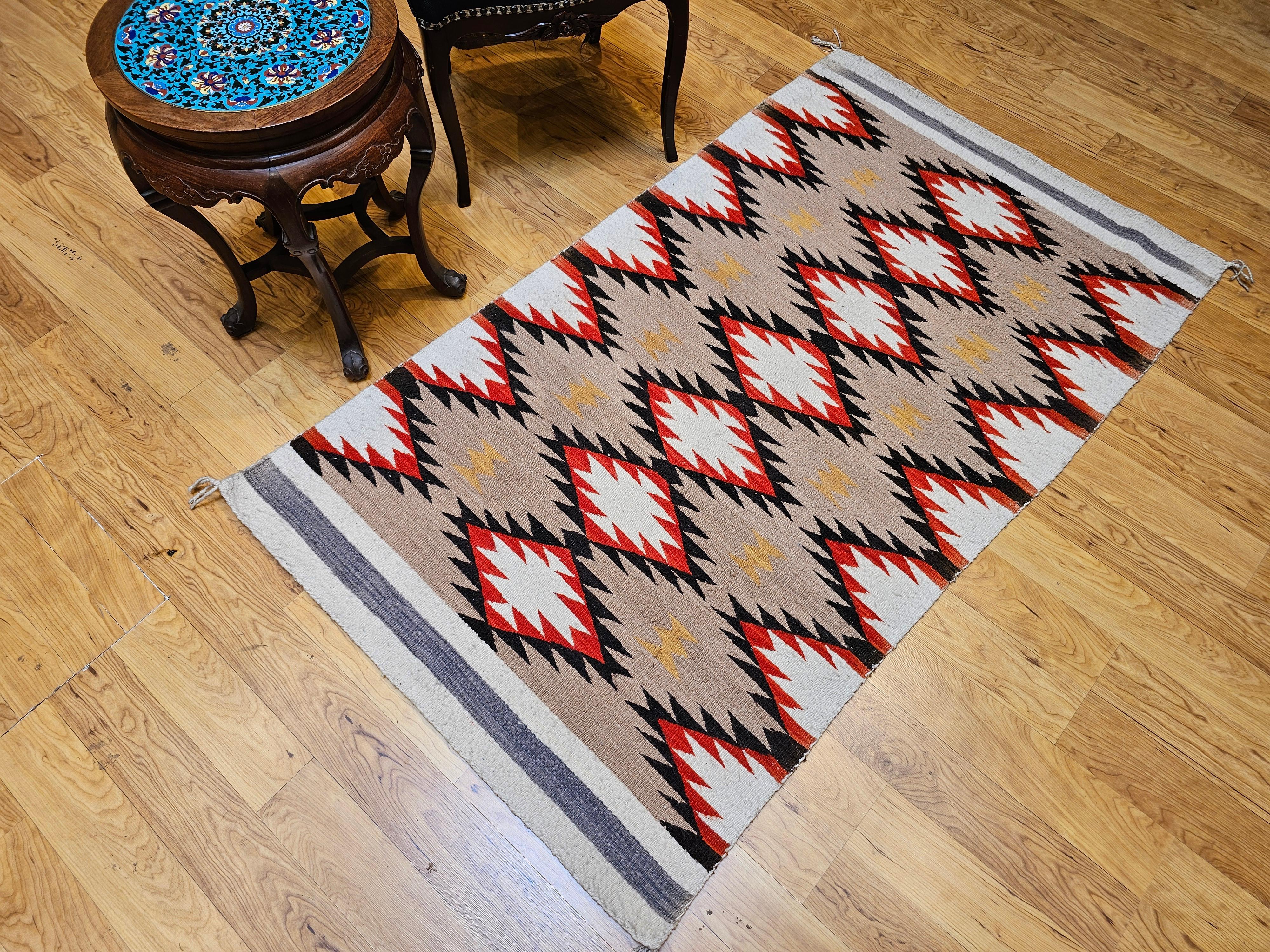 Vintage Native Navajo Rug in Diamond Pattern in Ivory, Black, Red, Tan, Gray For Sale 6
