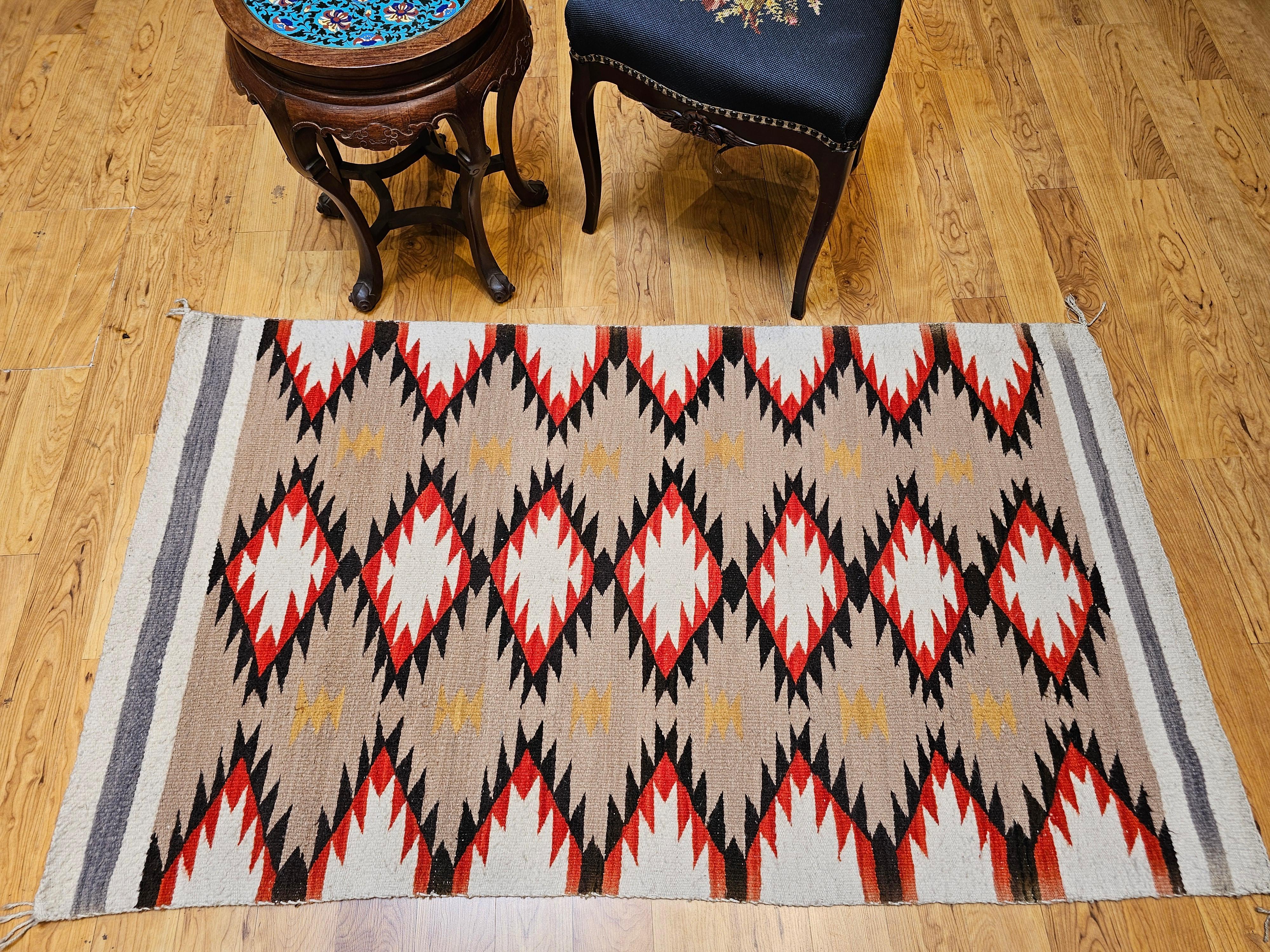 Vintage Native Navajo Rug in Diamond Pattern in Ivory, Black, Red, Tan, Gray For Sale 7