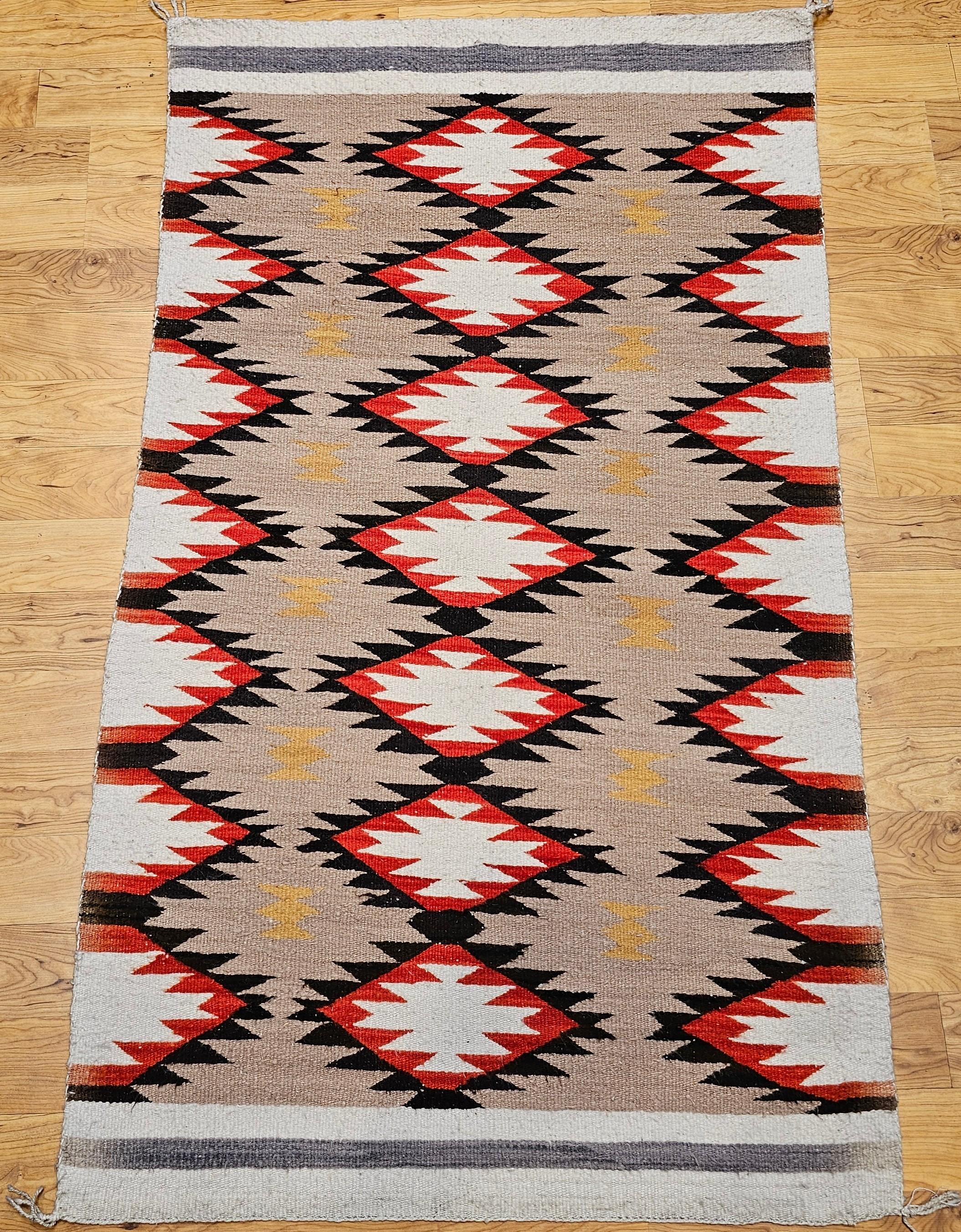 Vintage Native Navajo Rug in Diamond Pattern in Ivory, Black, Red, Tan, Gray For Sale 8