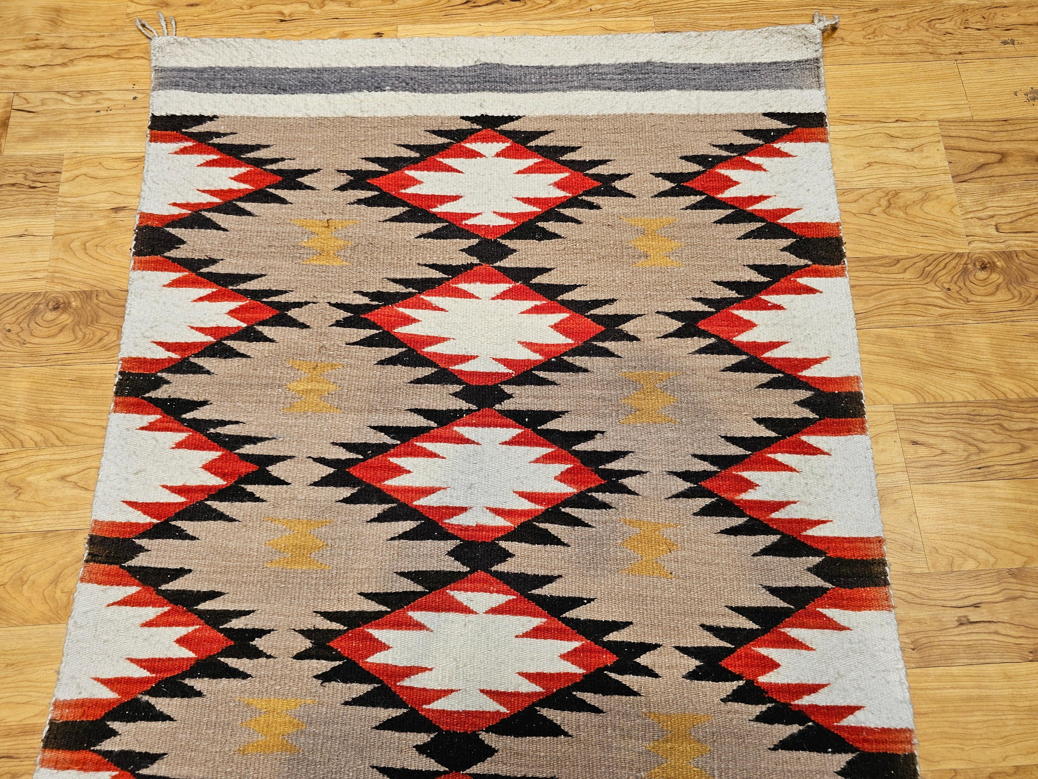 American Vintage Native Navajo Rug in Diamond Pattern in Ivory, Black, Red, Tan, Gray For Sale