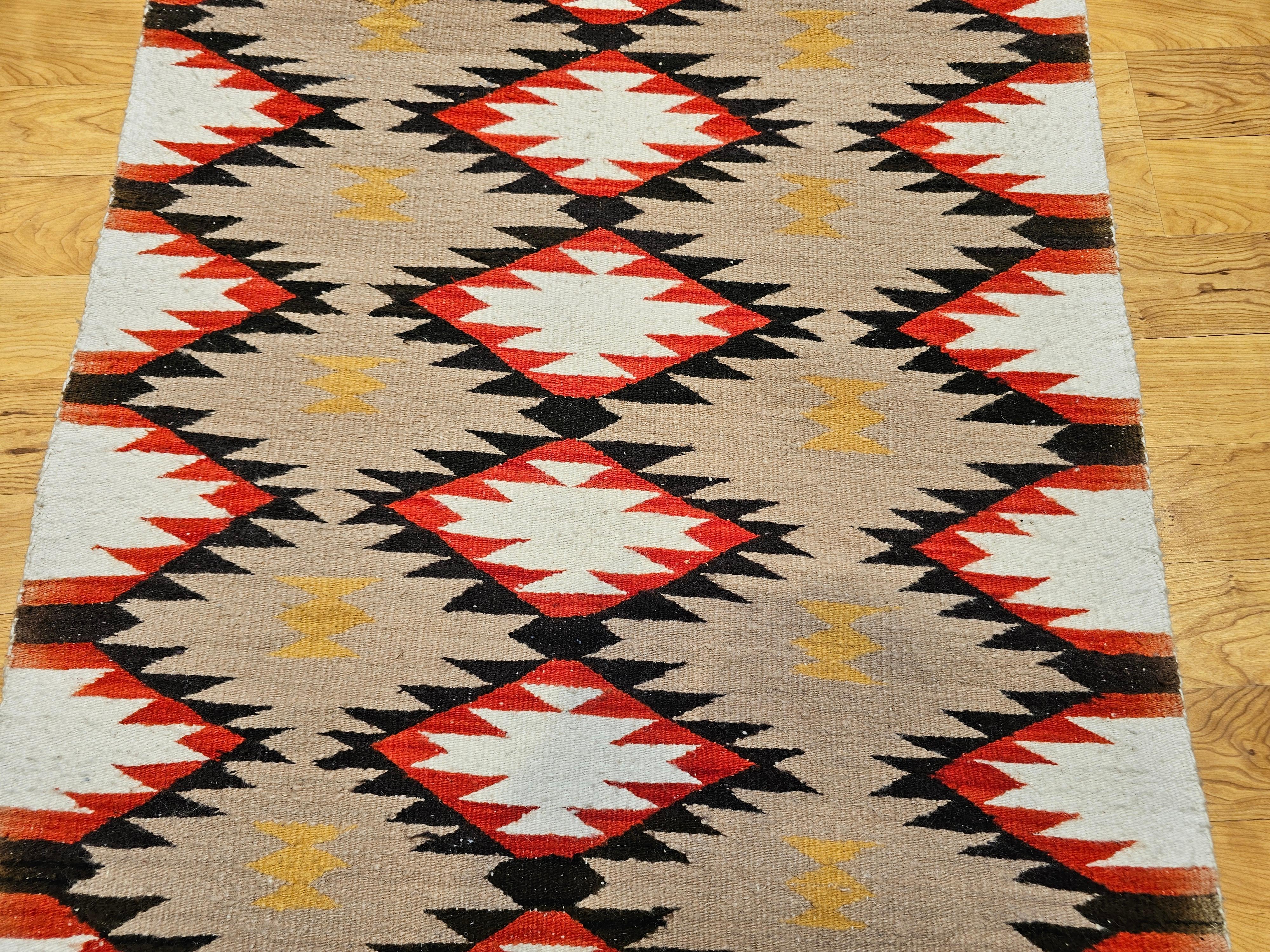Hand-Knotted Vintage Native Navajo Rug in Diamond Pattern in Ivory, Black, Red, Tan, Gray For Sale
