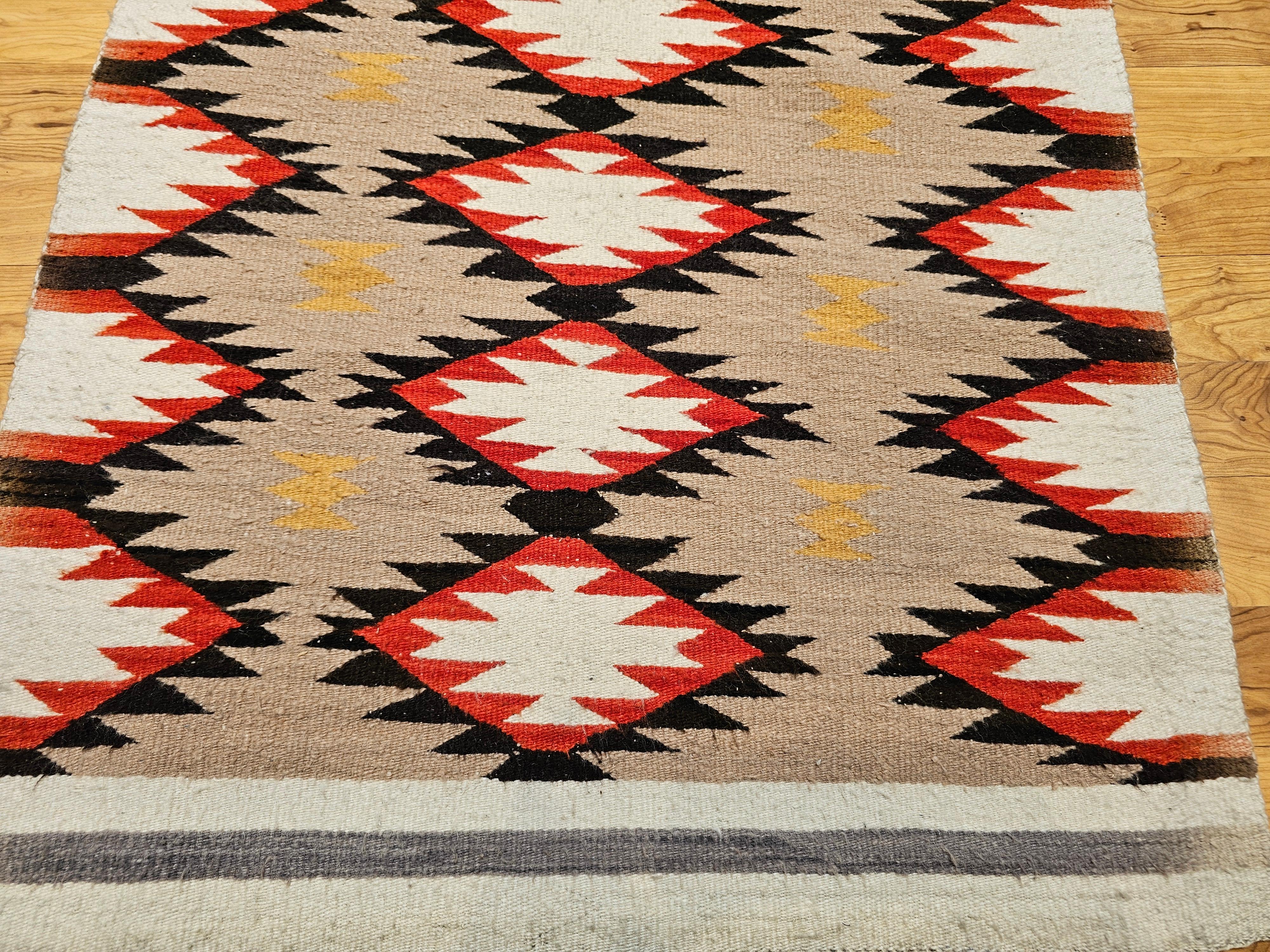 Vintage Native Navajo Rug in Diamond Pattern in Ivory, Black, Red, Tan, Gray In Good Condition For Sale In Barrington, IL