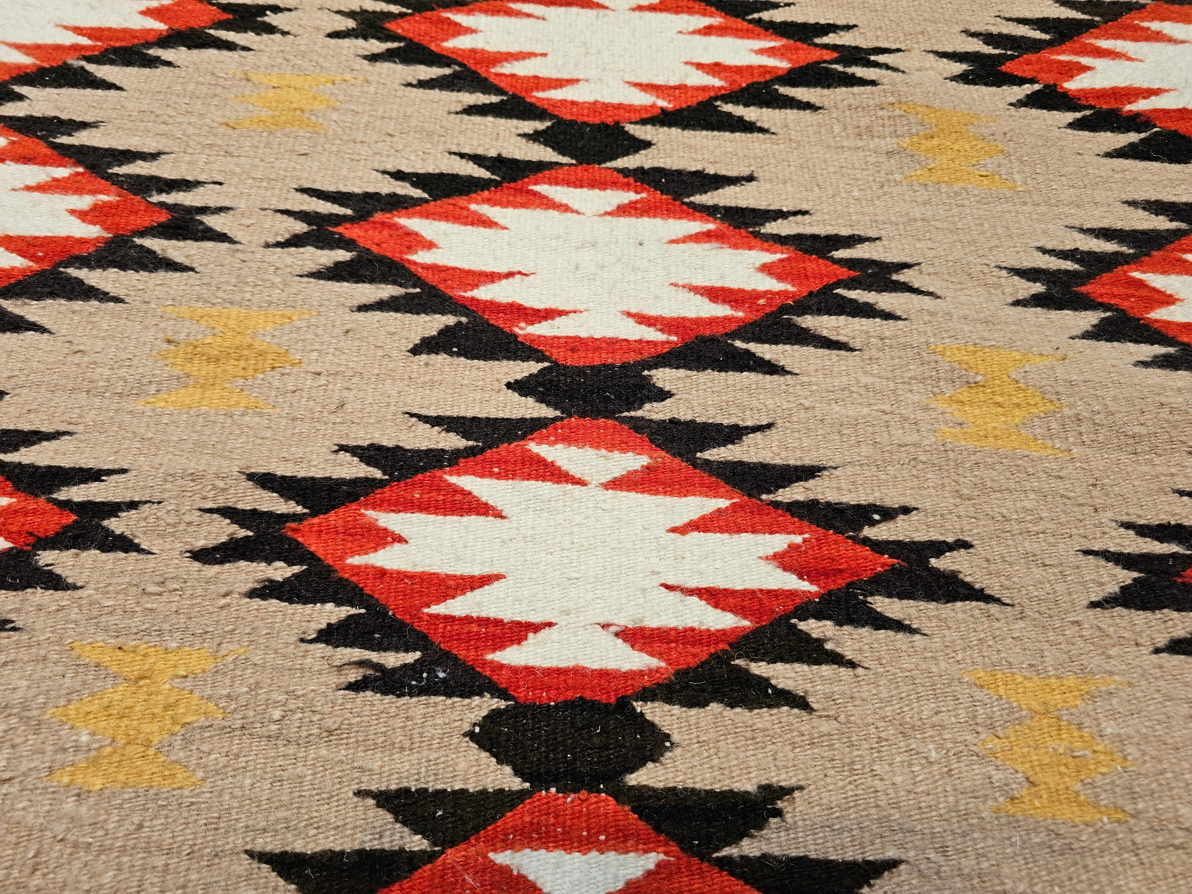 20th Century Vintage Native Navajo Rug in Diamond Pattern in Ivory, Black, Red, Tan, Gray For Sale