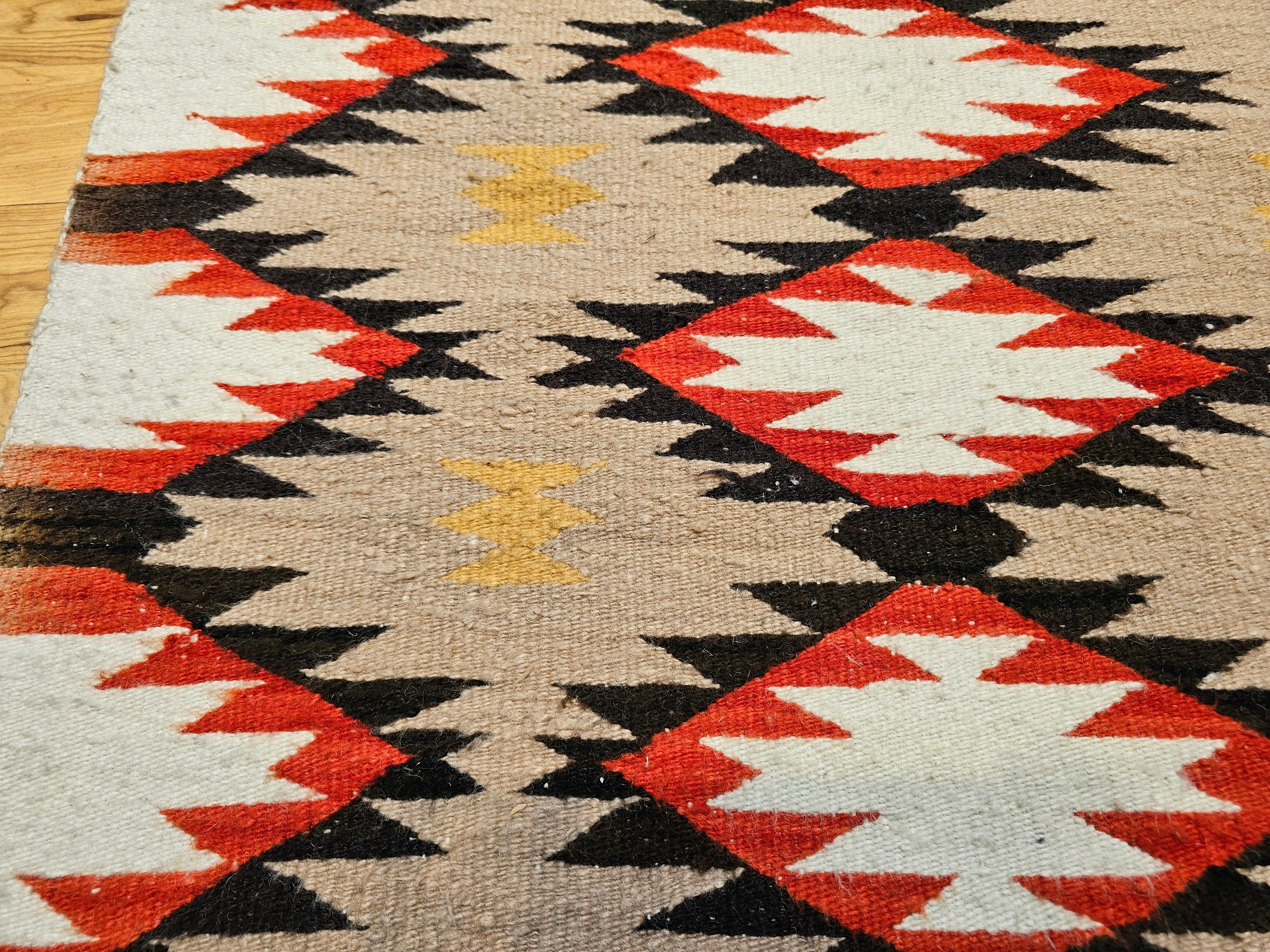 Wool Vintage Native Navajo Rug in Diamond Pattern in Ivory, Black, Red, Tan, Gray For Sale