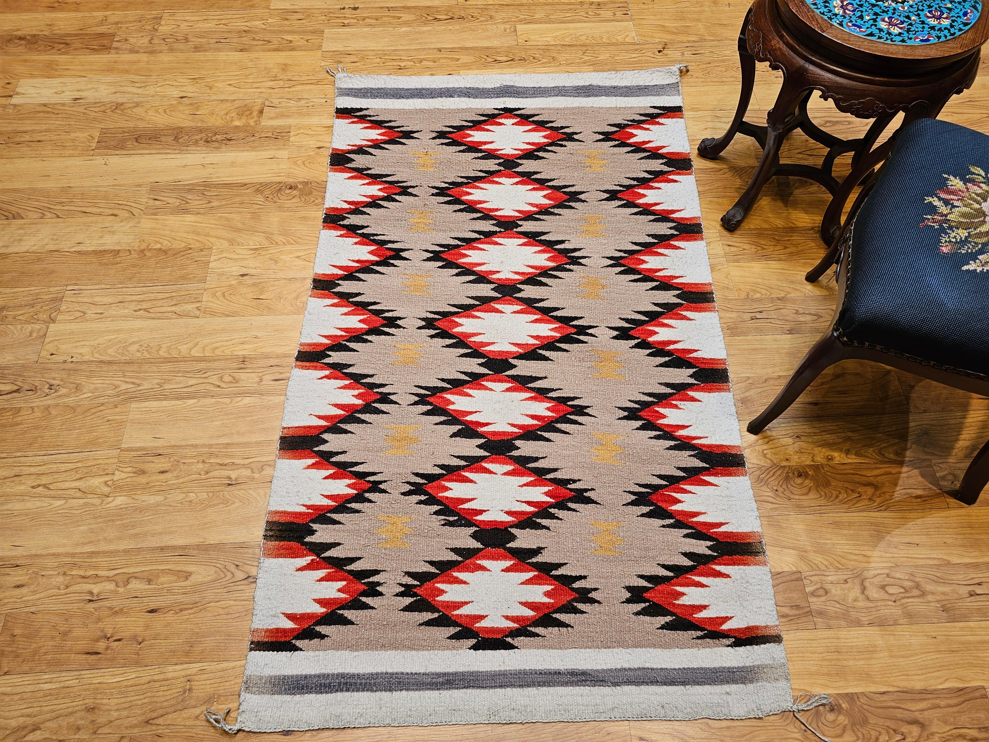 Vintage Native Navajo Rug in Diamond Pattern in Ivory, Black, Red, Tan, Gray For Sale 2
