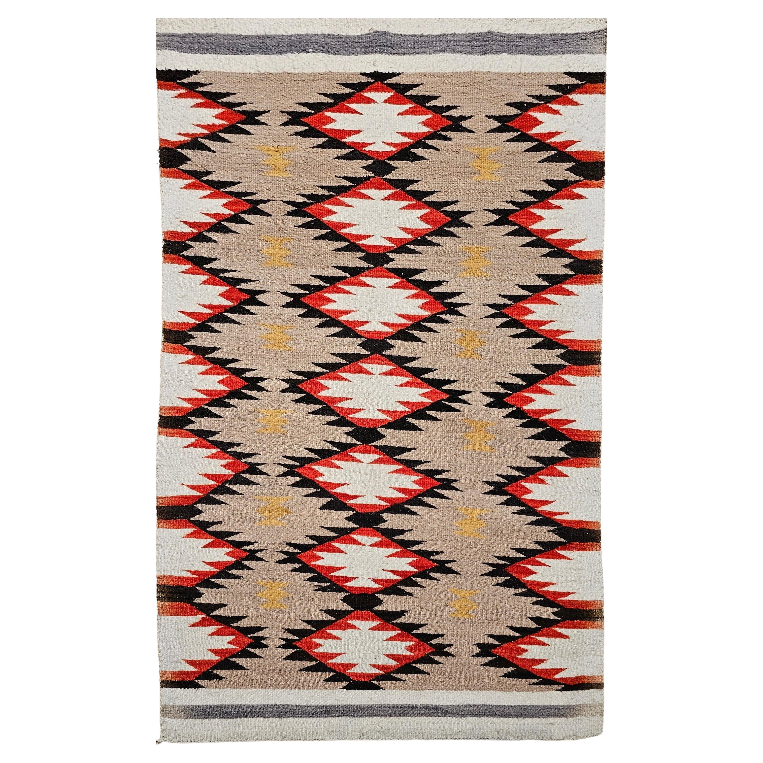 Vintage Native Navajo Rug in Diamond Pattern in Ivory, Black, Red, Tan, Gray For Sale