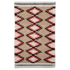 Vintage Native Navajo Rug in Diamond Pattern in Ivory, Black, Red, Tan, Gray