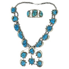 Vintage Native Navajo Silver Turquoise Squash Blossom Necklace Bracelet Set