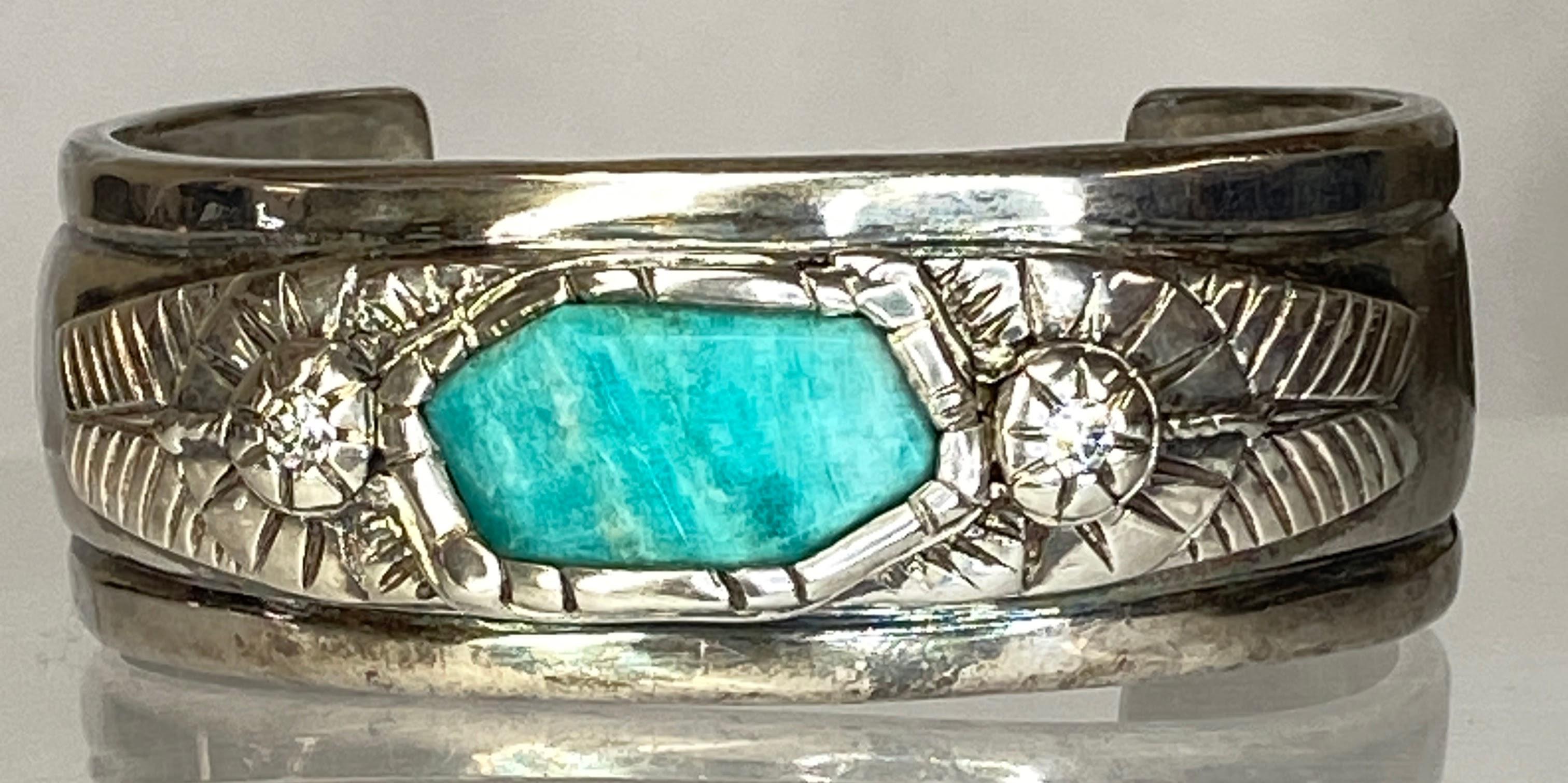 Vintage Native Sterling Silver Amazonite Cabochon & Diamond Heavy Cuff Bracelet For Sale 4