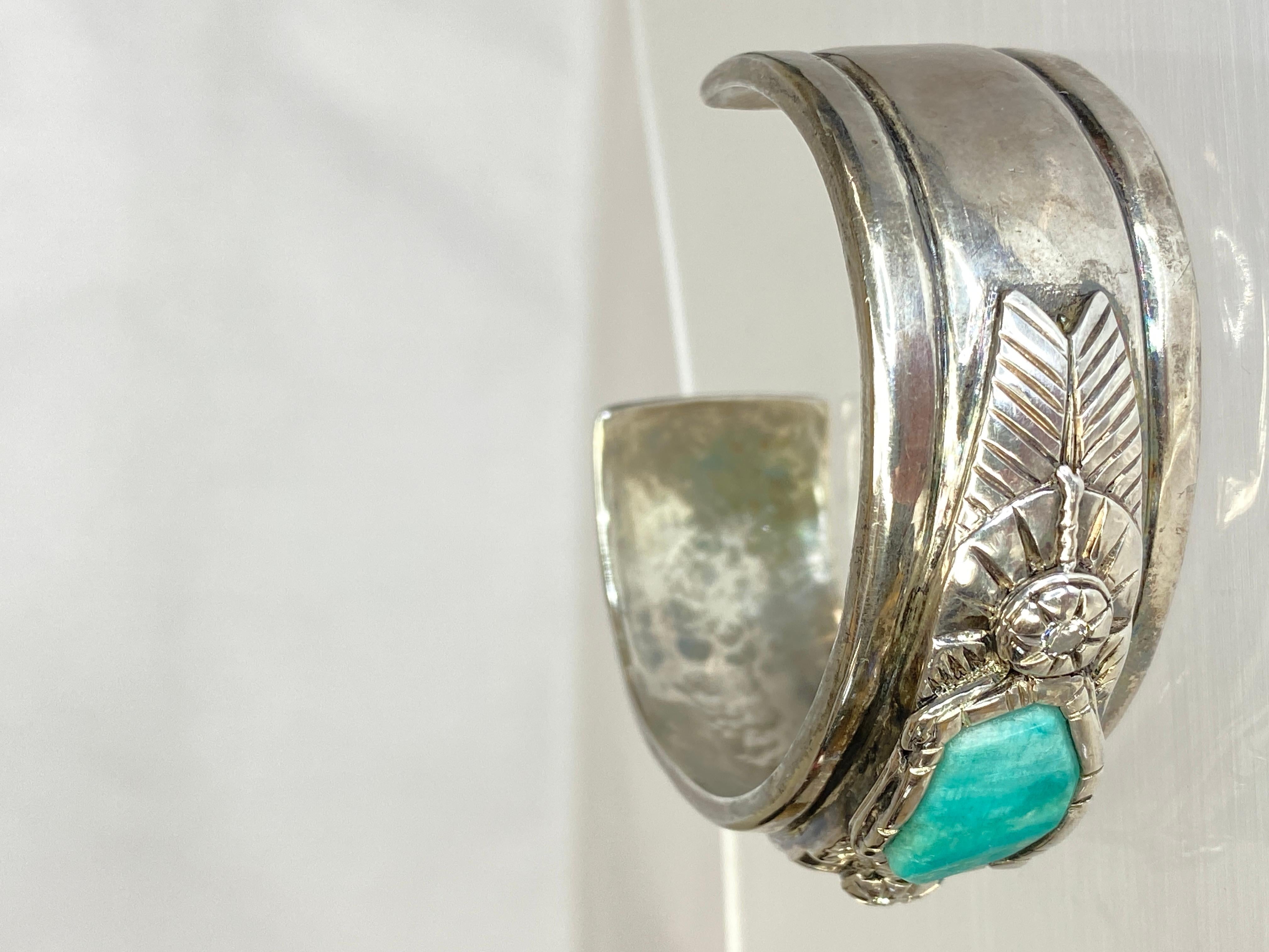 Anglo-Indian Vintage Native Sterling Silver Amazonite Cabochon & Diamond Heavy Cuff Bracelet For Sale