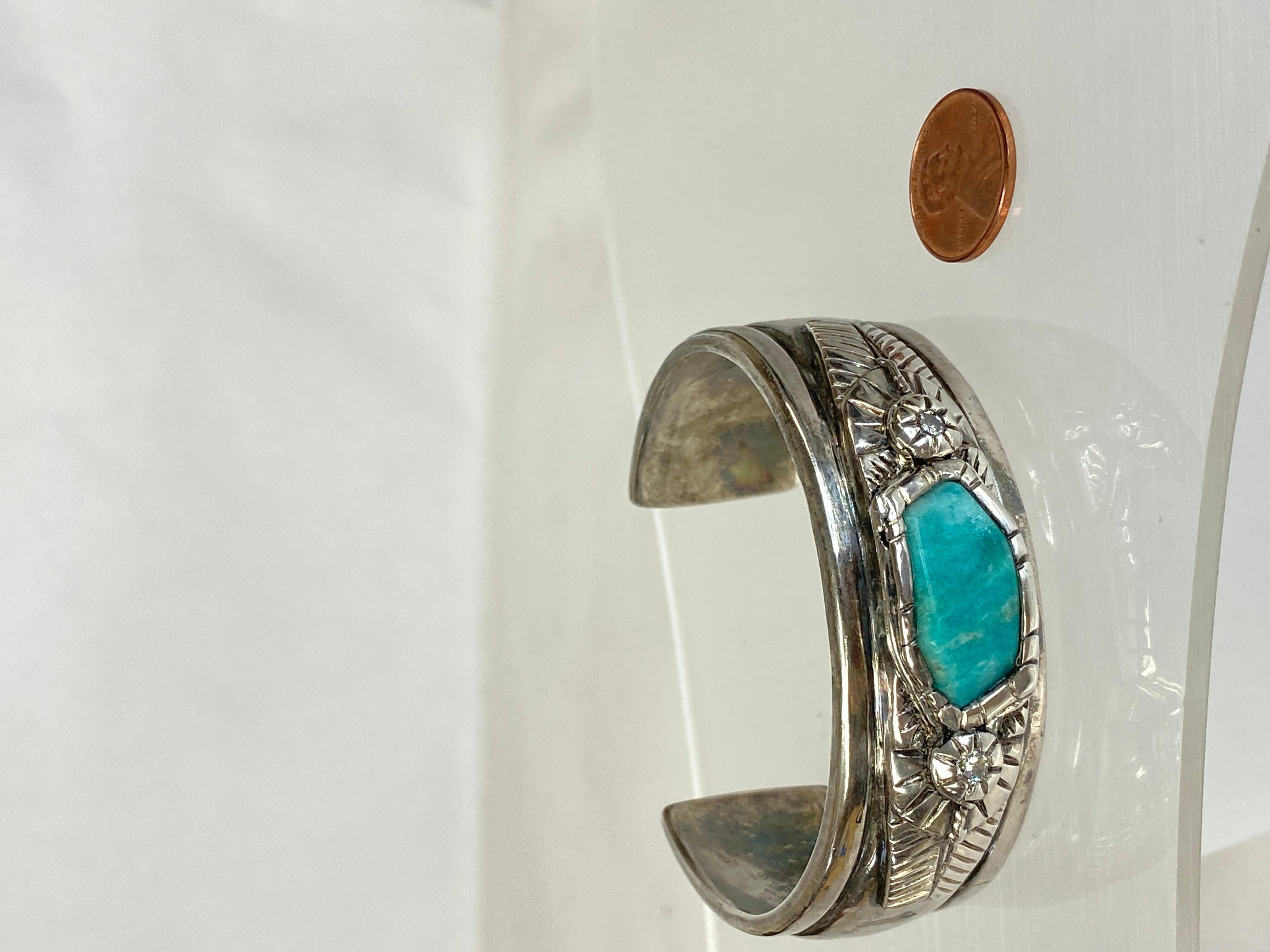 Mixed Cut Vintage Native Sterling Silver Amazonite Cabochon & Diamond Heavy Cuff Bracelet For Sale