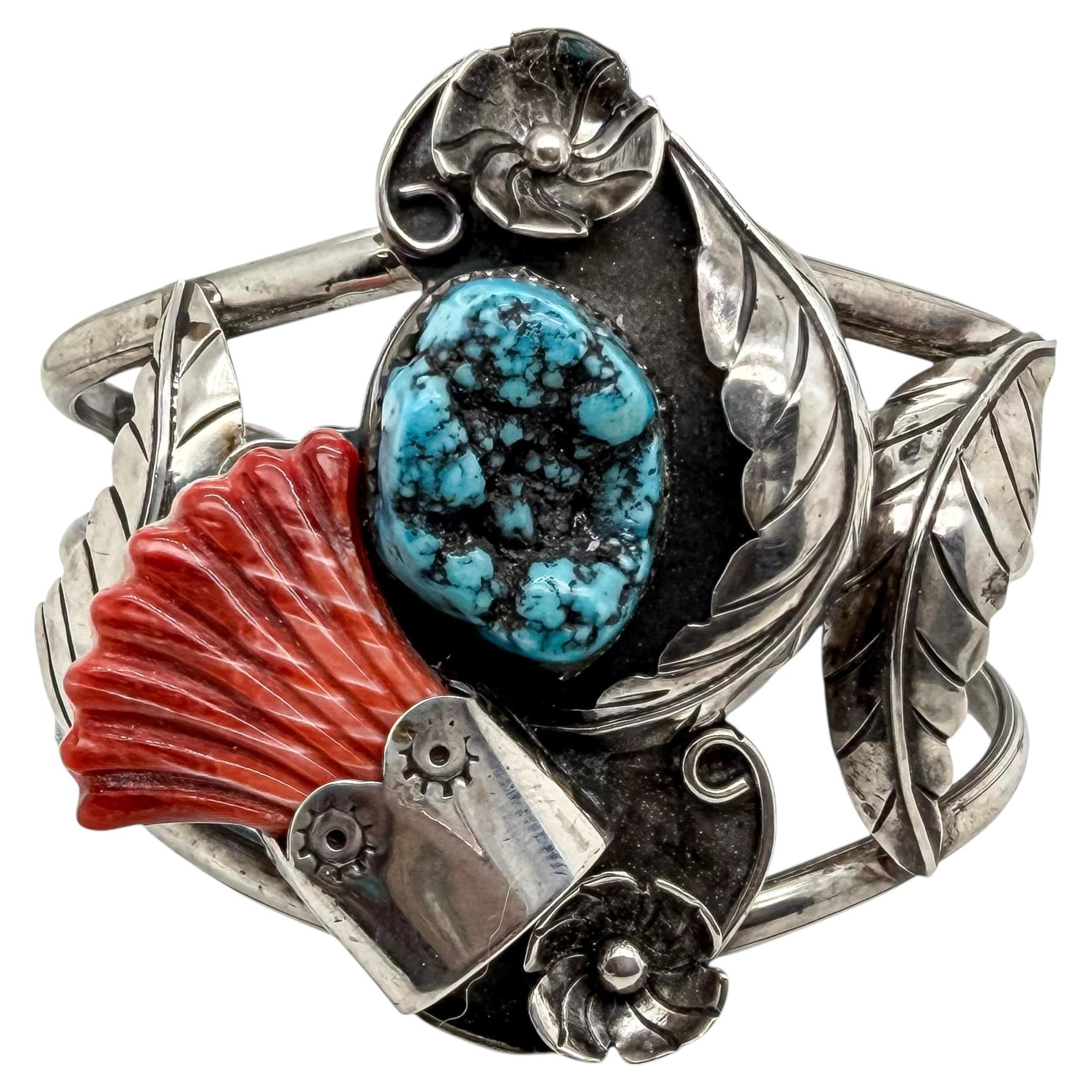 Vintage Native Sterling Silver Turquoise and Carved Coral Floral Cuff Bracelet