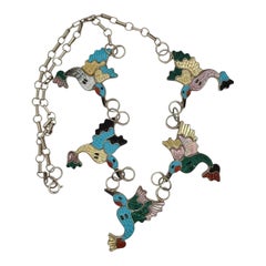 Vintage Native Zuni Signed Inlay Sterling Silver Hummingbird Necklace