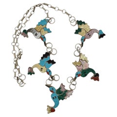Vintage Native Zuni Signed Inlay Sterling Silver Hummingbird Necklace