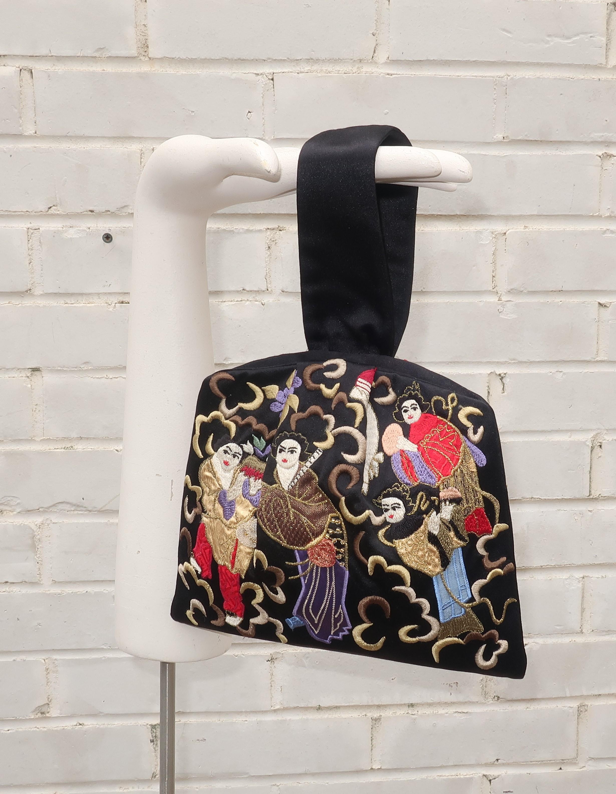 Vintage Natori Black Embroidered Satin Evening Handbag With Asian Scene 6