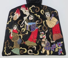 Vintage Natori Black Embroidered Satin Evening Handbag With Asian Scene