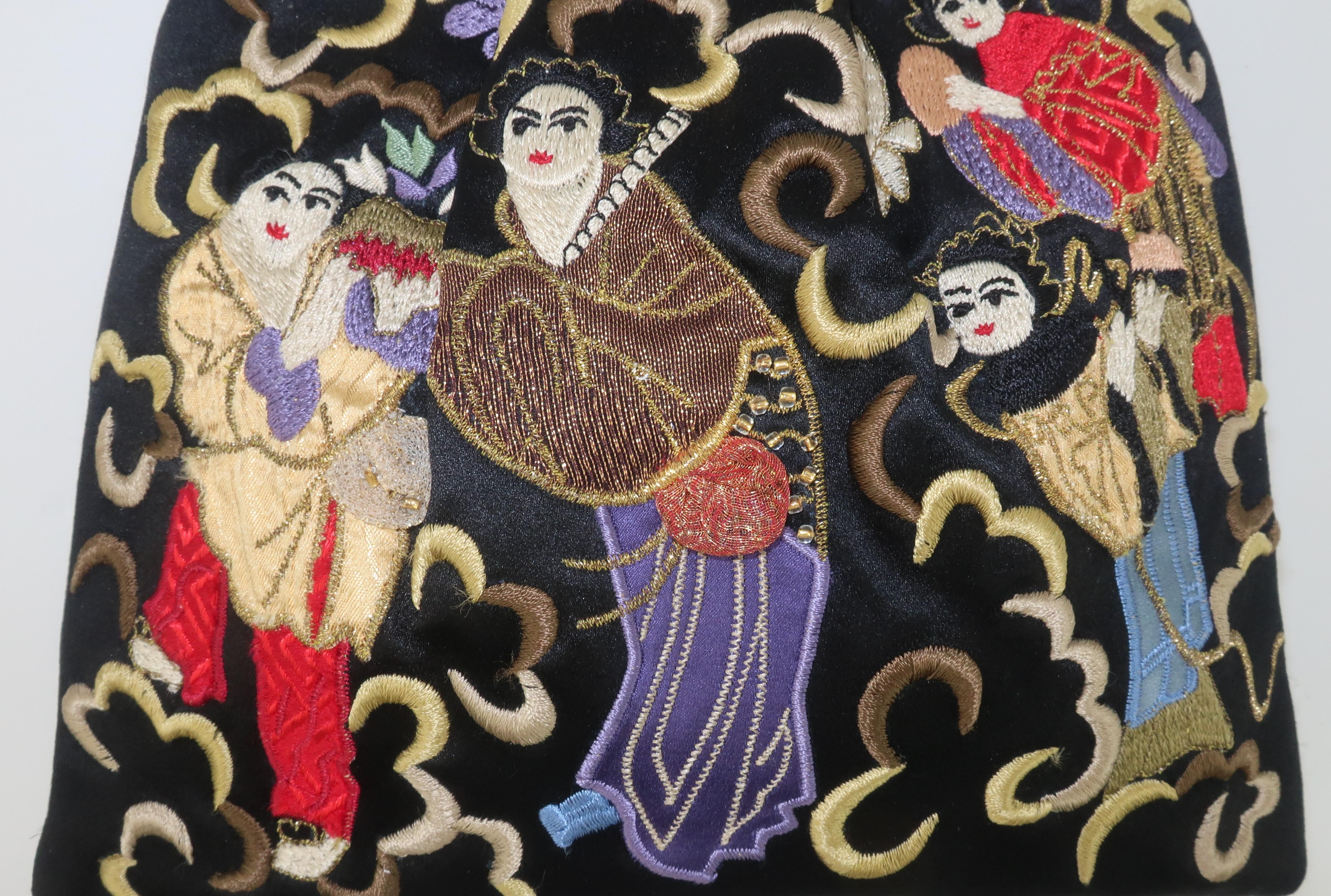 Women's Vintage Natori Black Embroidered Satin Evening Handbag With Asian Scene