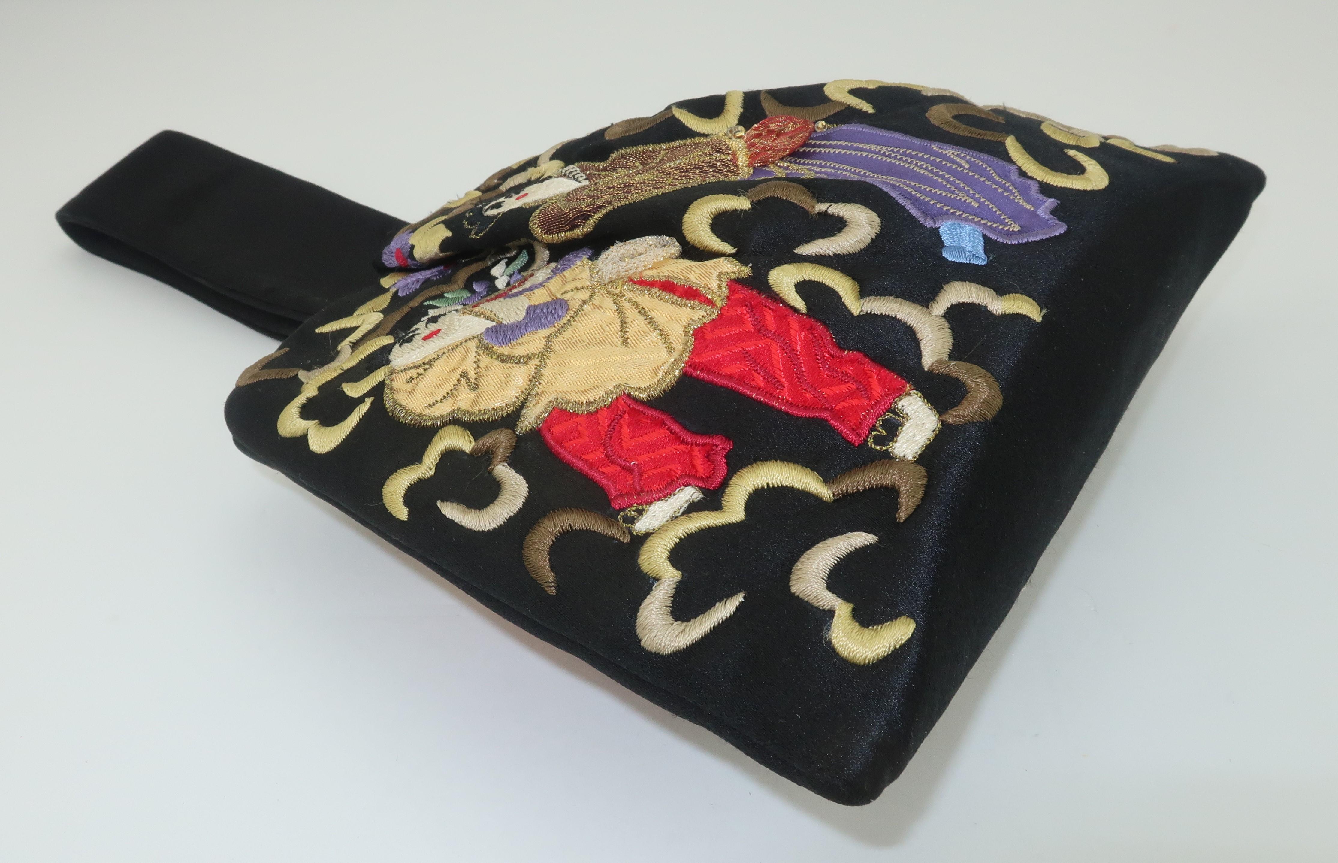Vintage Natori Black Embroidered Satin Evening Handbag With Asian Scene 1