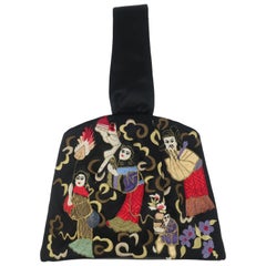 Vintage Natori Black Embroidered Satin Evening Handbag With Asian Scene