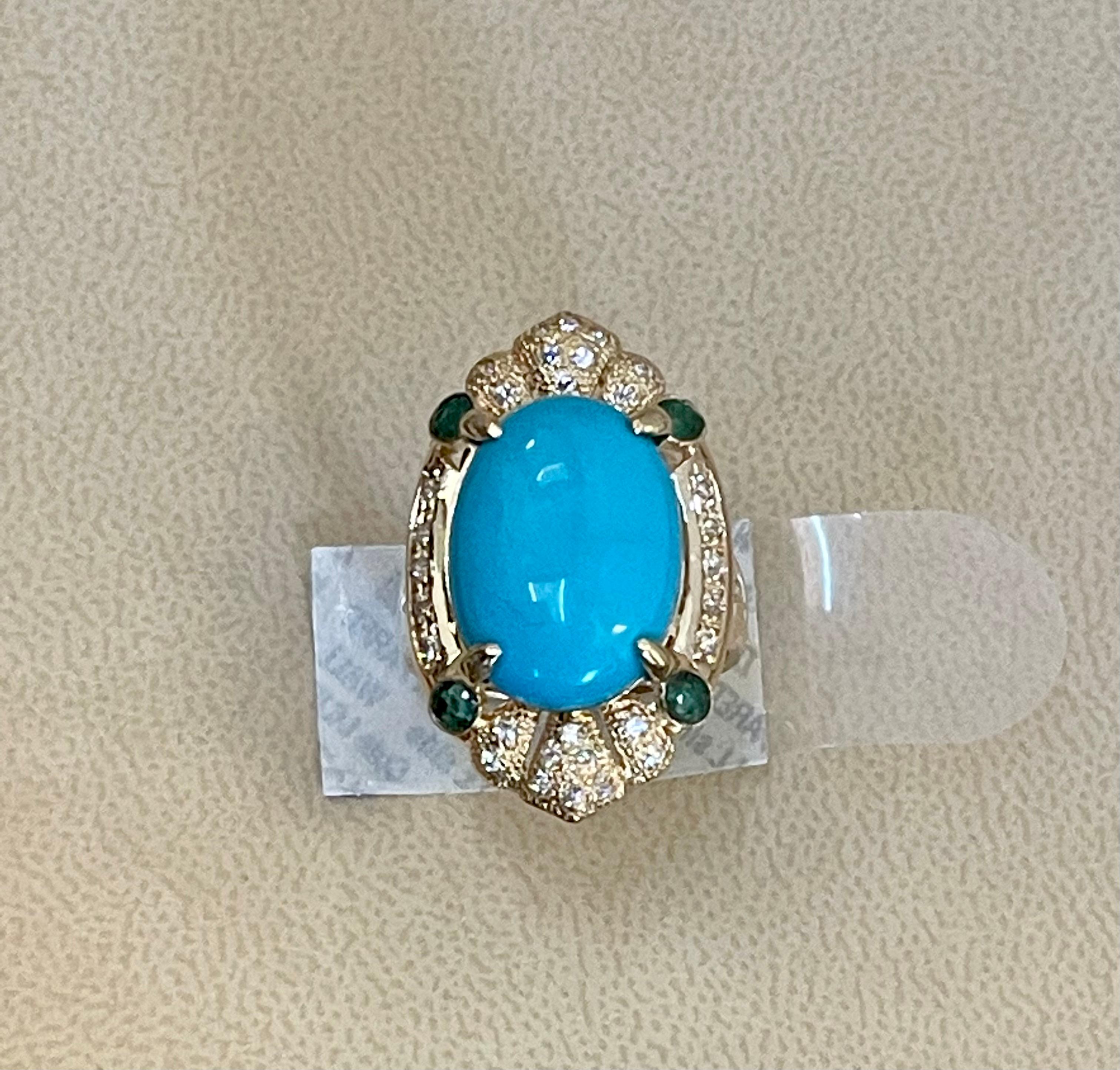 Vintage Natural 10 Ct Oval Sleeping Beauty Turquoise & Diamond Ring, 14 K Y Gold 7