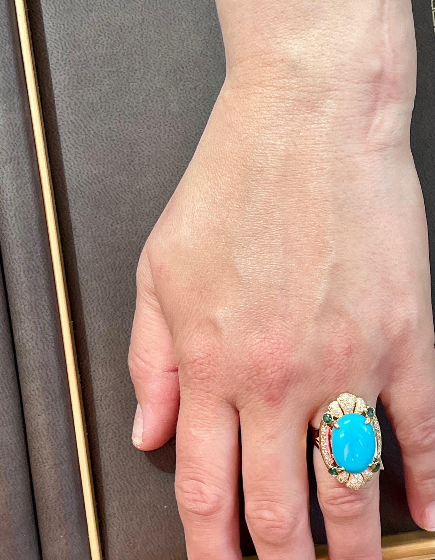 Vintage Natural 10 Ct Oval Sleeping Beauty Turquoise & Diamond Ring, 14 K Y Gold 10
