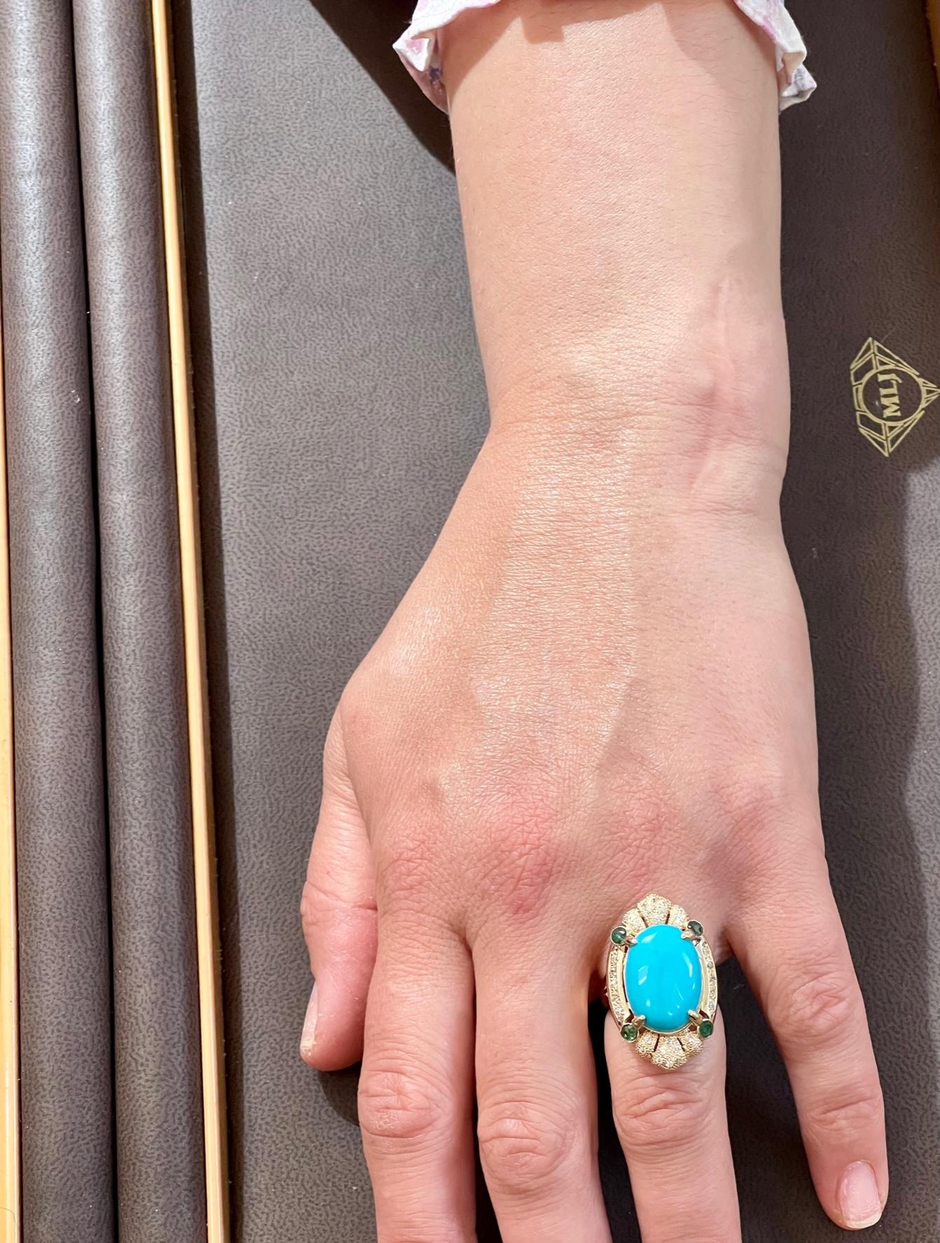 Vintage Natural 10 Ct Oval Sleeping Beauty Turquoise & Diamond Ring, 14 K Y Gold 11