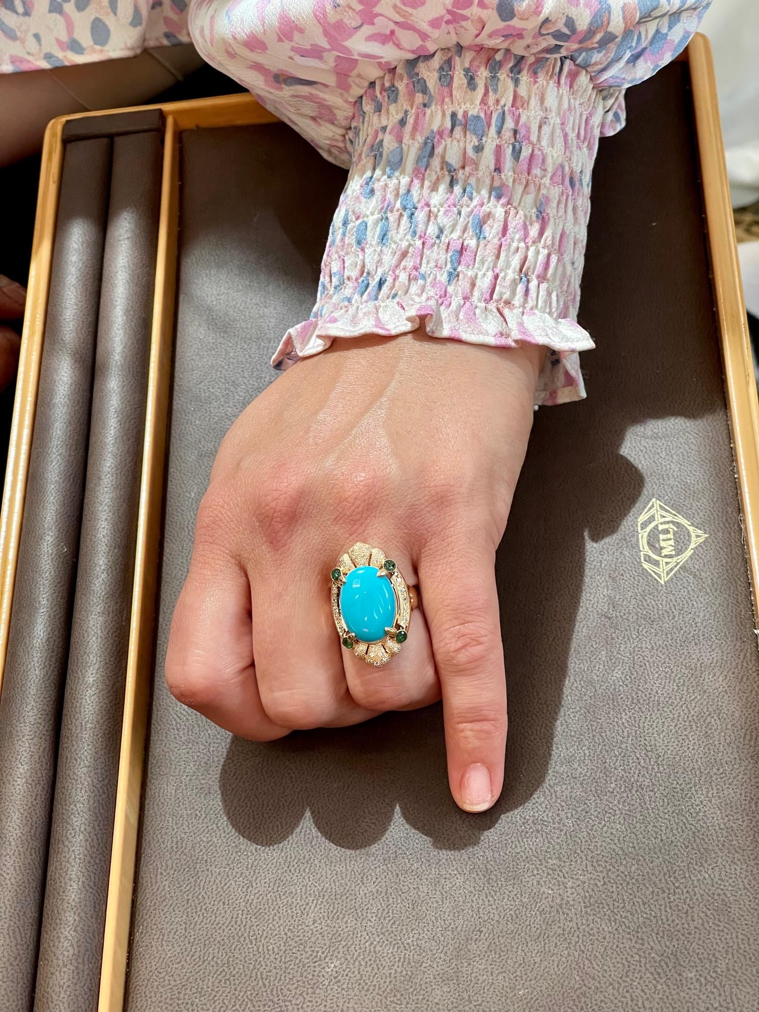 Vintage Natural 10 Ct Oval Sleeping Beauty Turquoise & Diamond Ring, 14 K Y Gold 12
