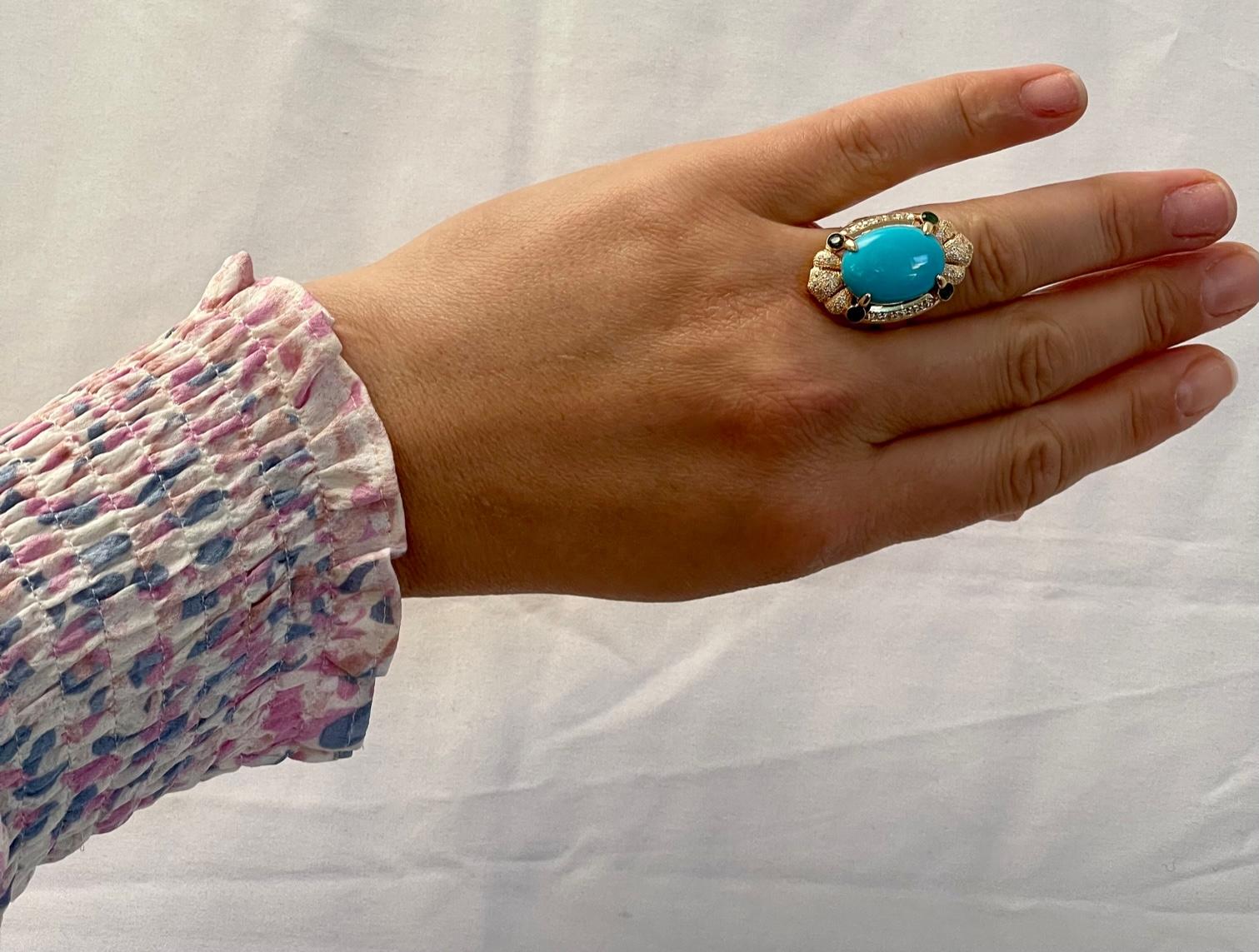 Vintage Natural 10 Ct Oval Sleeping Beauty Turquoise & Diamond Ring, 14 K Y Gold 13