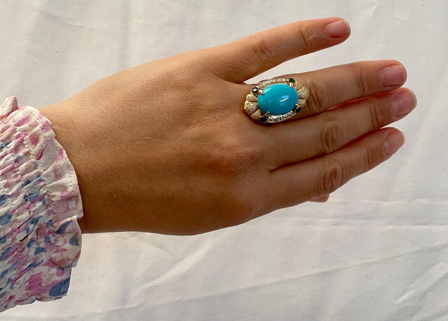 Vintage Natural 10 Ct Oval Sleeping Beauty Turquoise & Diamond Ring, 14 K Y Gold 14