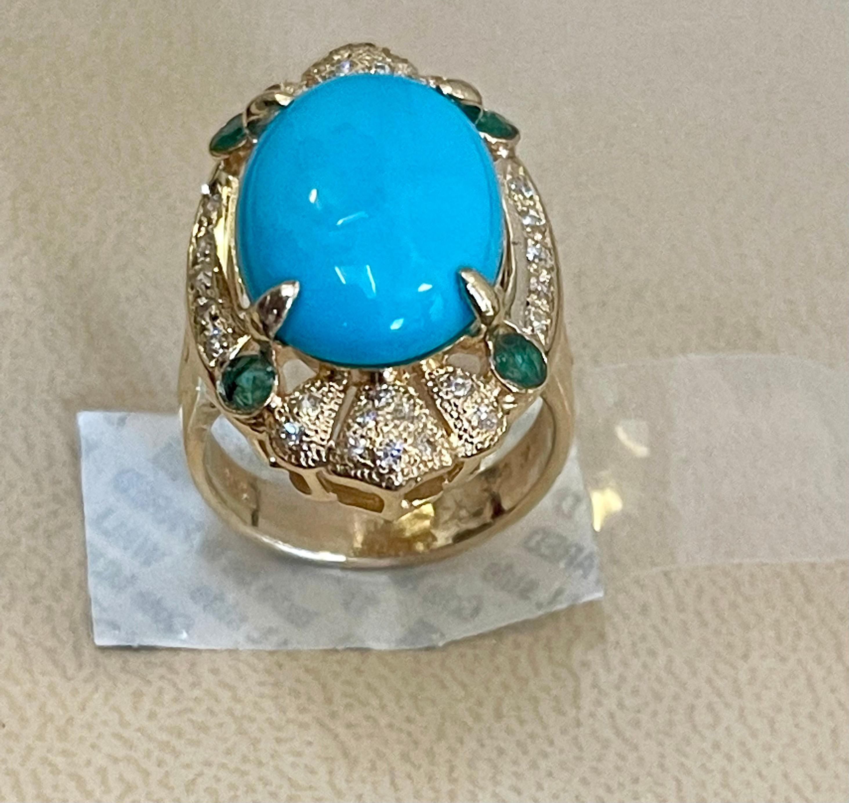 
Vintage Natural 10 Carat Oval Sleeping Beauty Turquoise & Diamond Ring, 14 Karat  Yellow  Gold
Approximately 10 Ct of Sleeping Beauty  Turquoise  and 0.5  Ct of Diamonds
Round diamonds around the center stone
14 karat Yellow gold 10 Grams 
