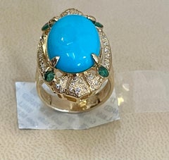 Vintage Natural 10 Ct Oval Sleeping Beauty Turquoise & Diamond Ring, 14 K Y Gold