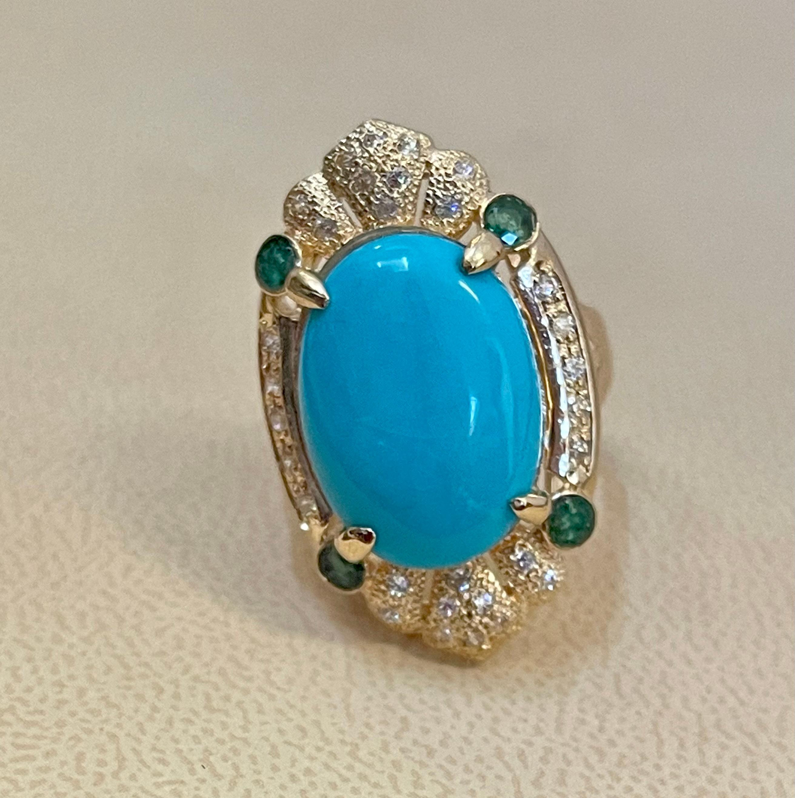 Cabochon Vintage Natural 10 Ct Oval Sleeping Beauty Turquoise & Diamond Ring, 14 K Y Gold