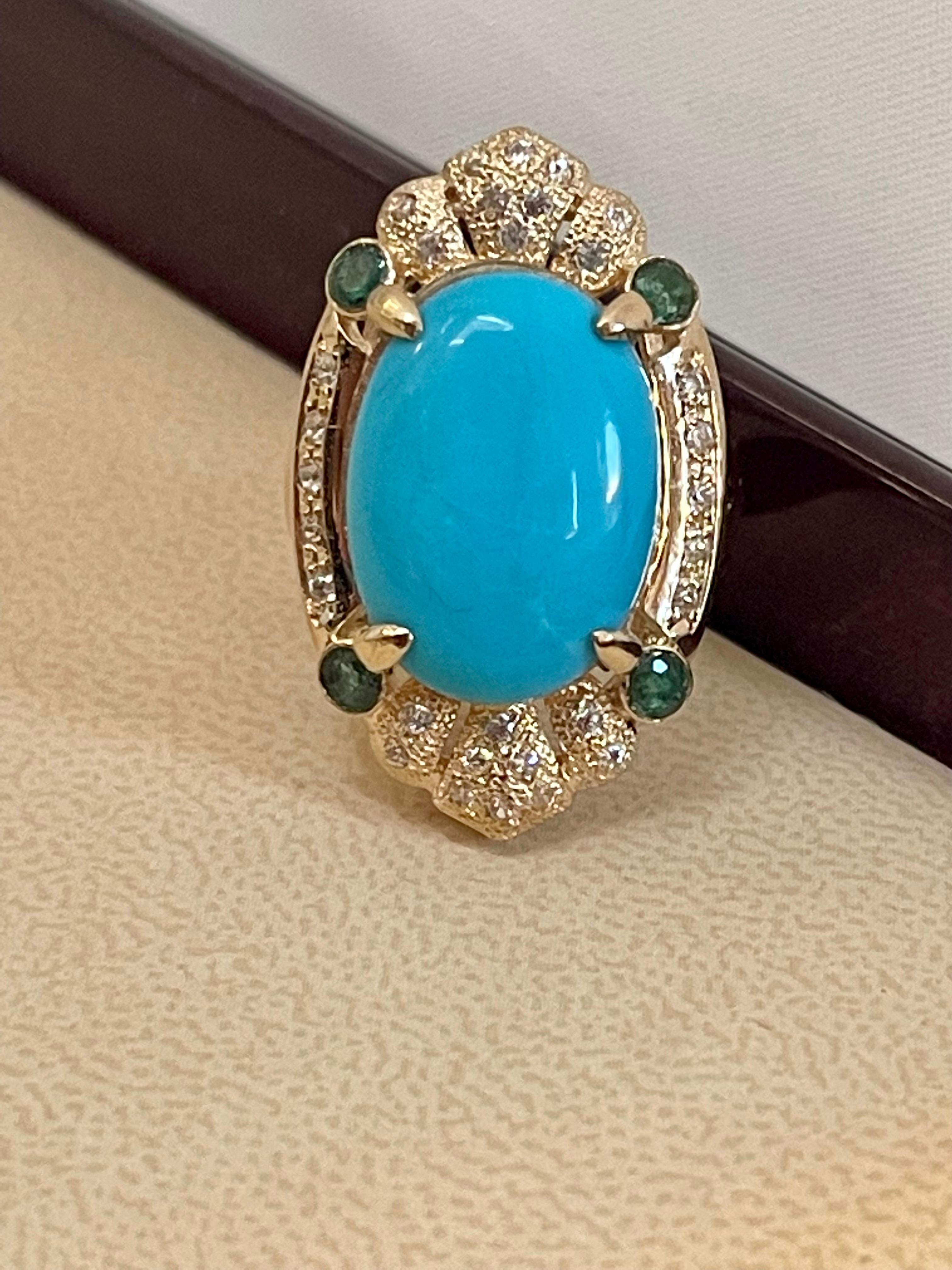 Vintage Natural 10 Ct Oval Sleeping Beauty Turquoise & Diamond Ring, 14 K Y Gold In Excellent Condition In New York, NY