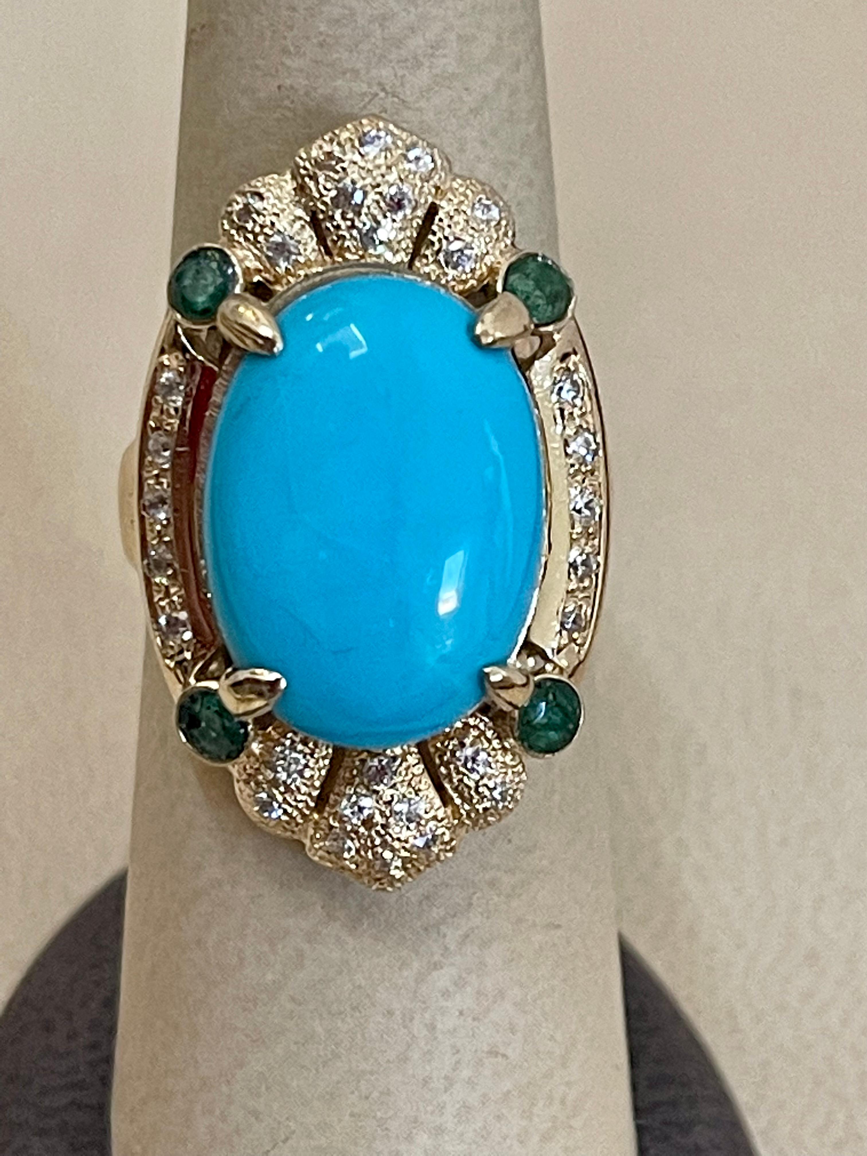 Vintage Natural 10 Ct Oval Sleeping Beauty Turquoise & Diamond Ring, 14 K Y Gold 2