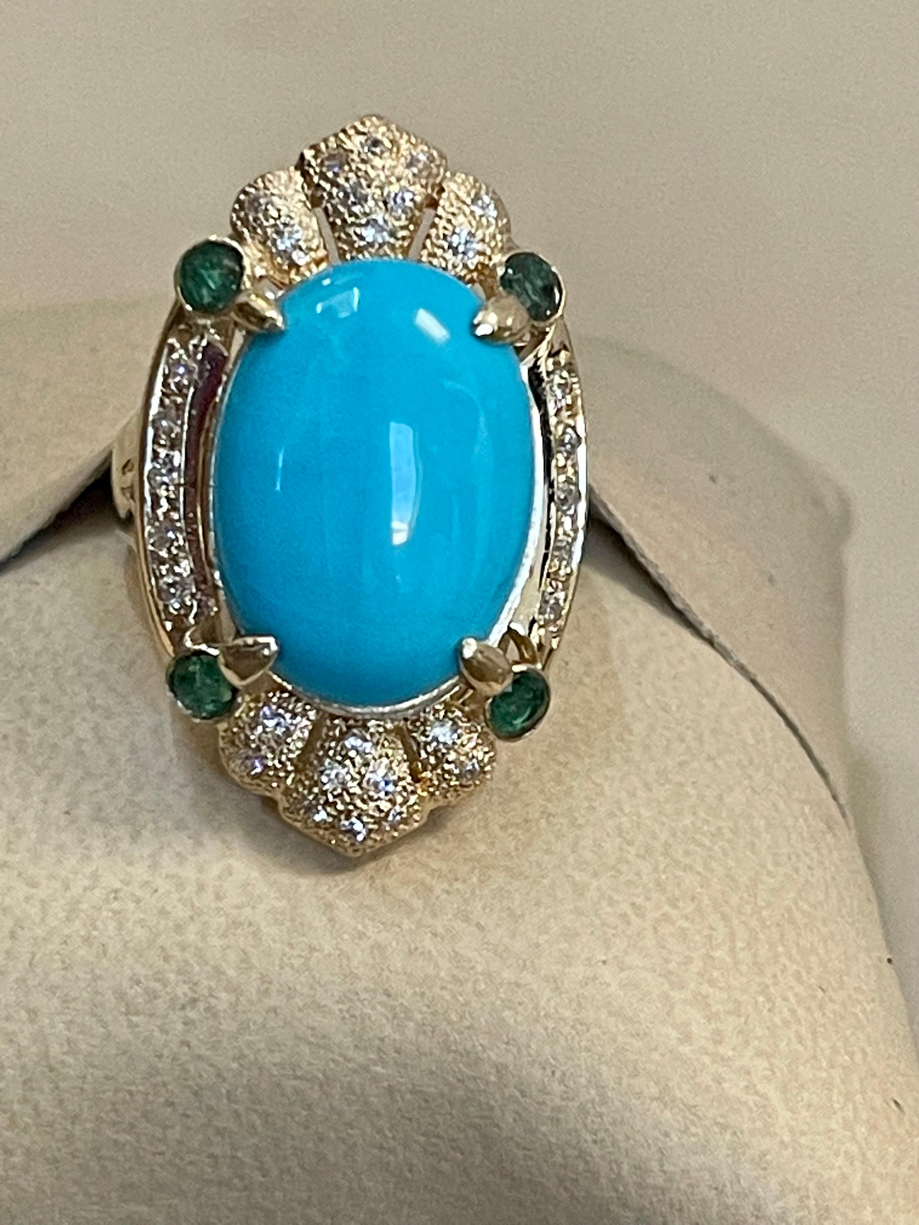 Vintage Natural 10 Ct Oval Sleeping Beauty Turquoise & Diamond Ring, 14 K Y Gold 3