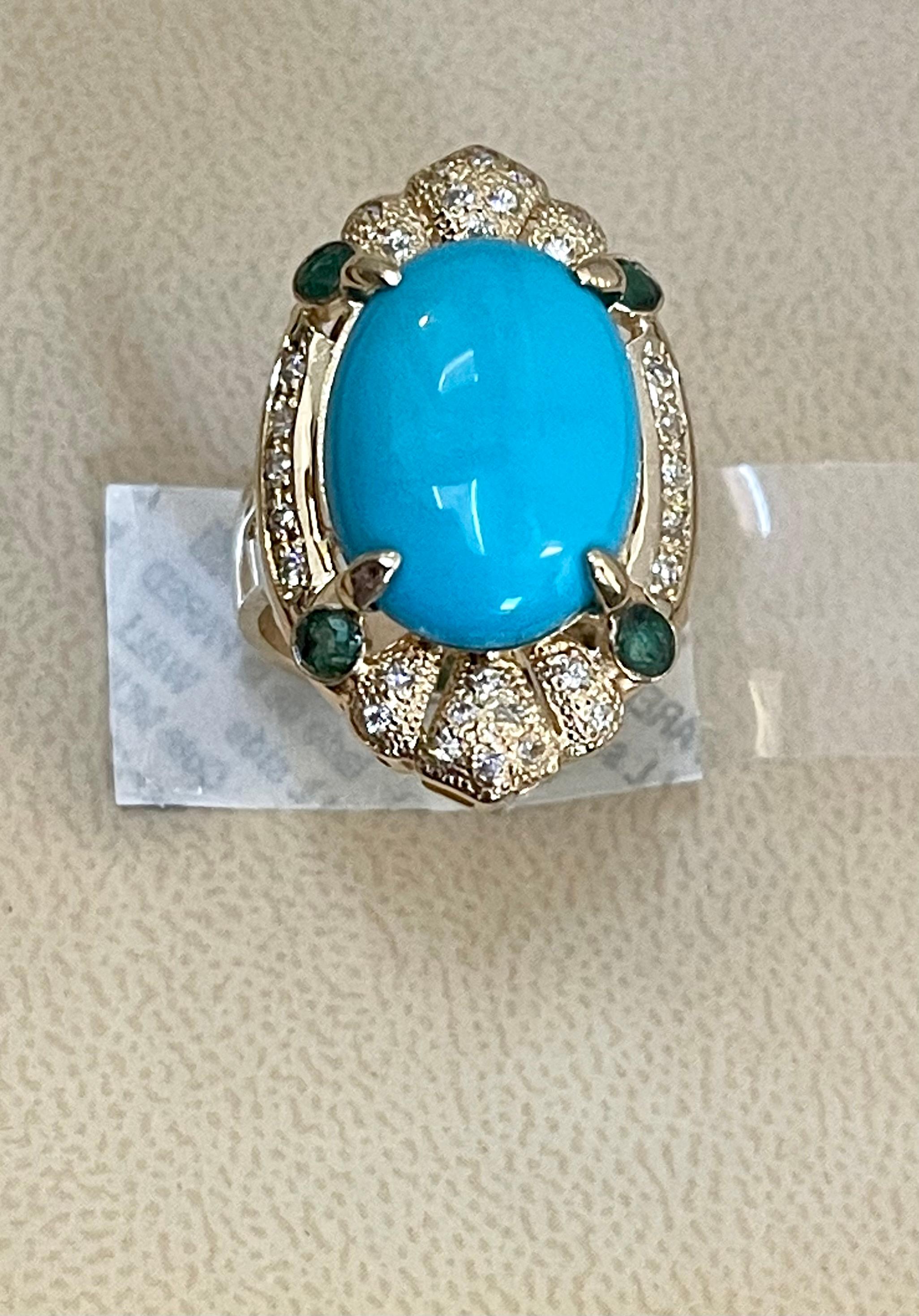 Vintage Natural 10 Ct Oval Sleeping Beauty Turquoise & Diamond Ring, 14 K Y Gold 4