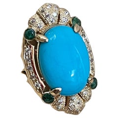 Vintage Natural 10 Ct Oval Sleeping Beauty Turquoise & Diamond Ring, 14 K Y Gold