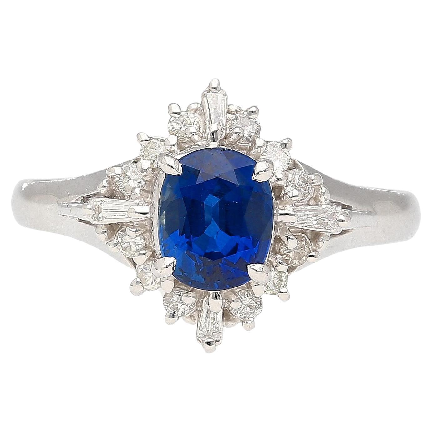 Vintage Natural 1.19 Carat Blue Sapphire and Diamond Platinum Filigree Ring