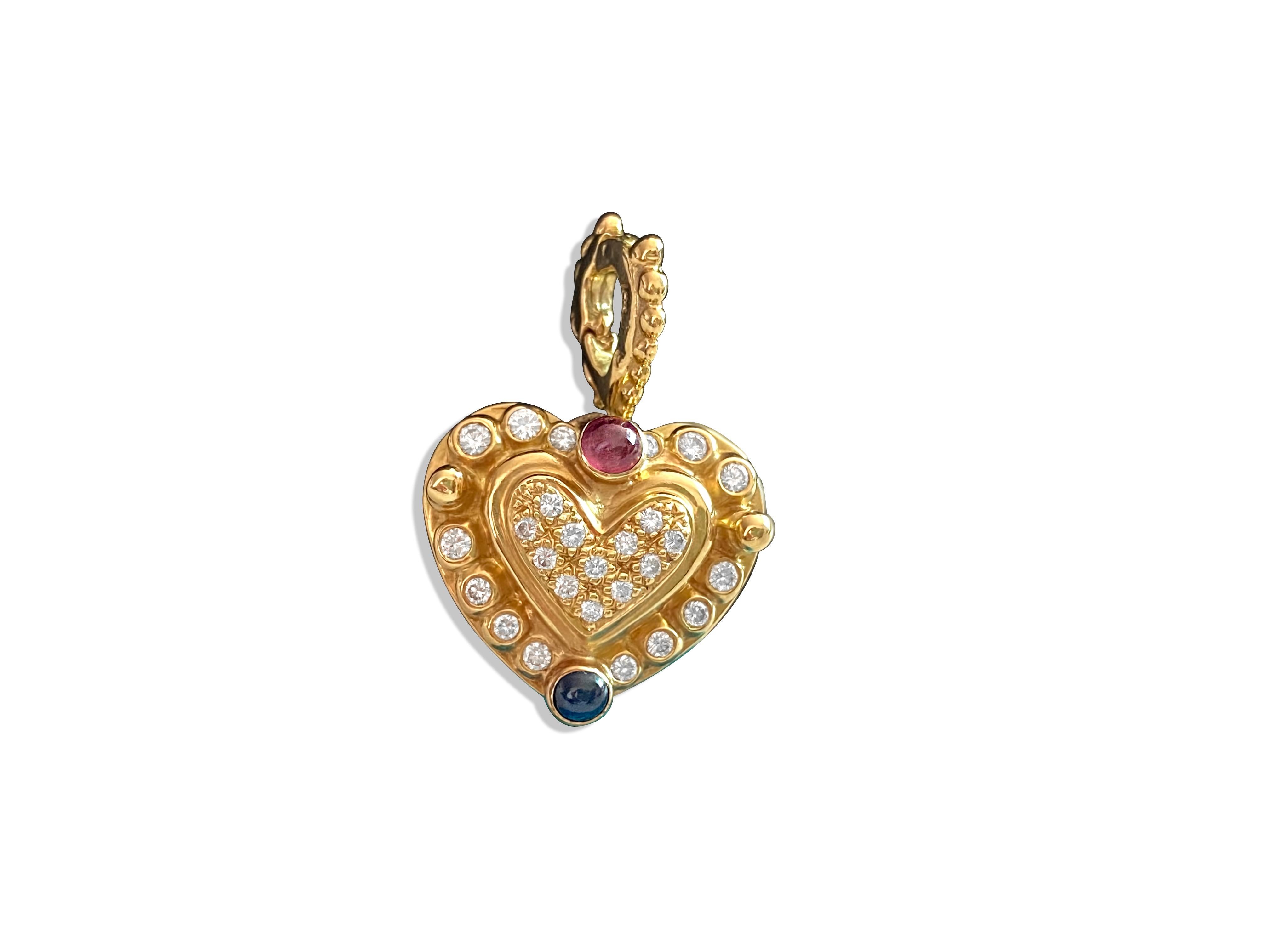 Metal: 18K yellow gold.

Diamonds: 0.75cwt. VVS clarity and F color. Round brilliant cut. 
0.50cwt of blue sapphire and ruby. Cabochon cut. 

All gemstones and diamonds are 100% natural earth mined. 

Weight: 16 grams gold.

A very unique and