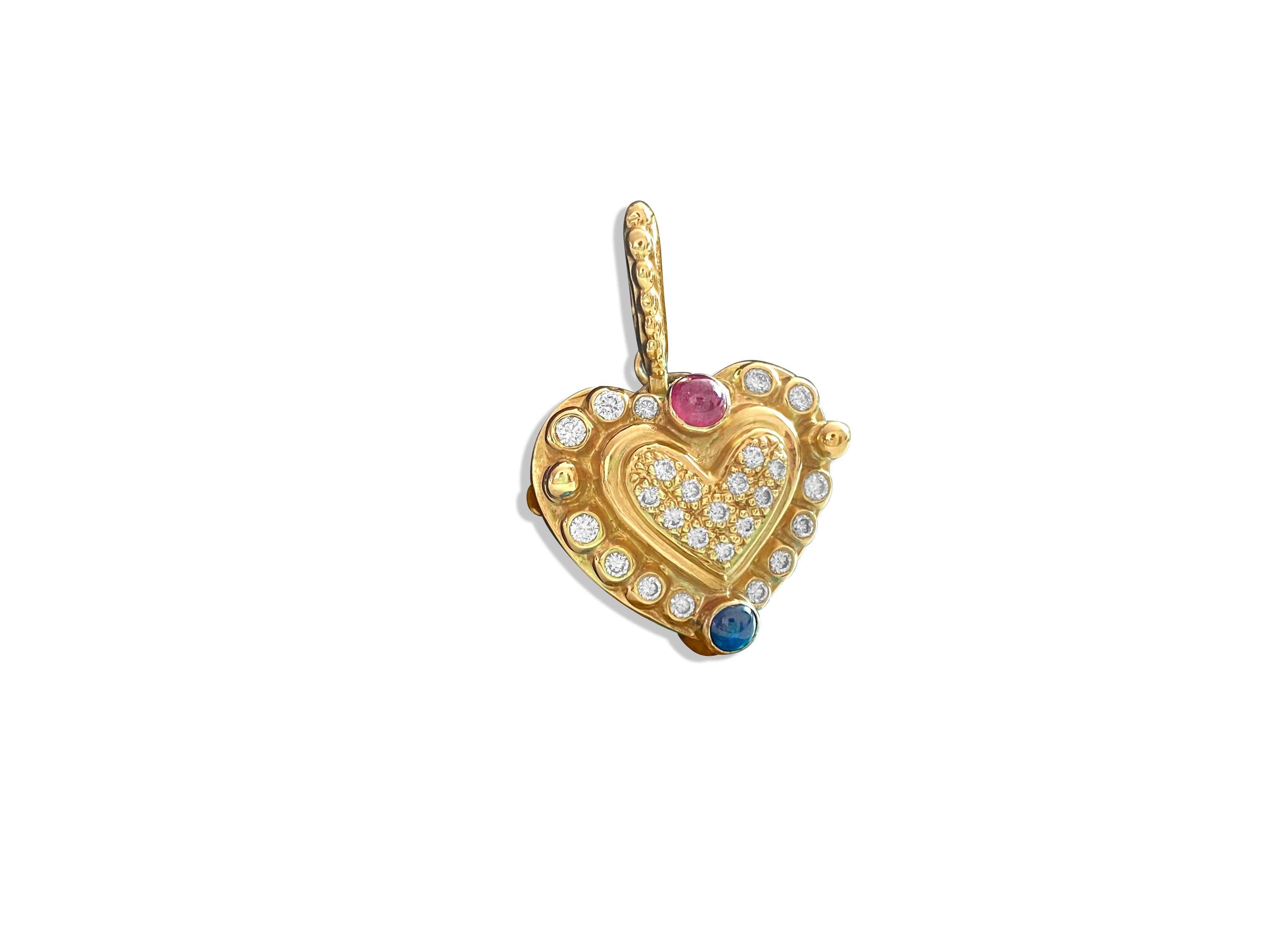 Victorian Vintage Natural 1.25 Carat Diamond, Ruby and Sapphire Heart Pendant for Her For Sale